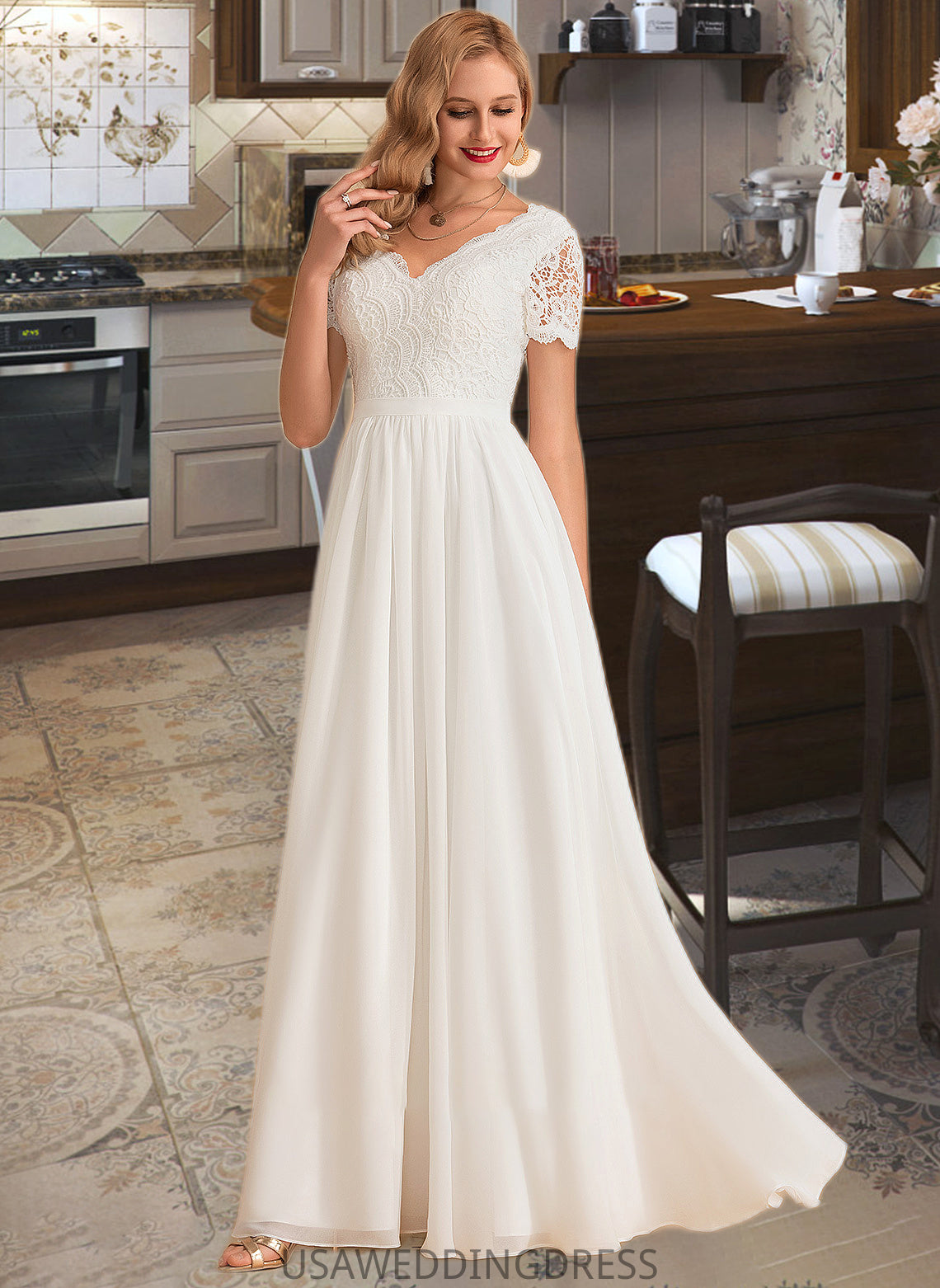 Mildred A-Line V-neck Floor-Length Chiffon Lace Wedding Dress DSP0013678