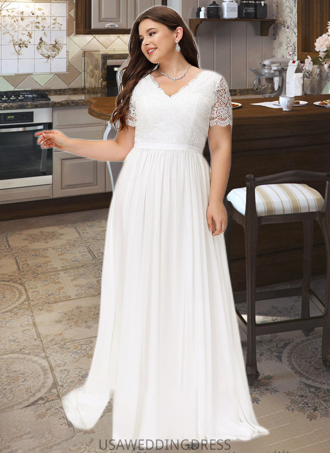 Mildred A-Line V-neck Floor-Length Chiffon Lace Wedding Dress DSP0013678