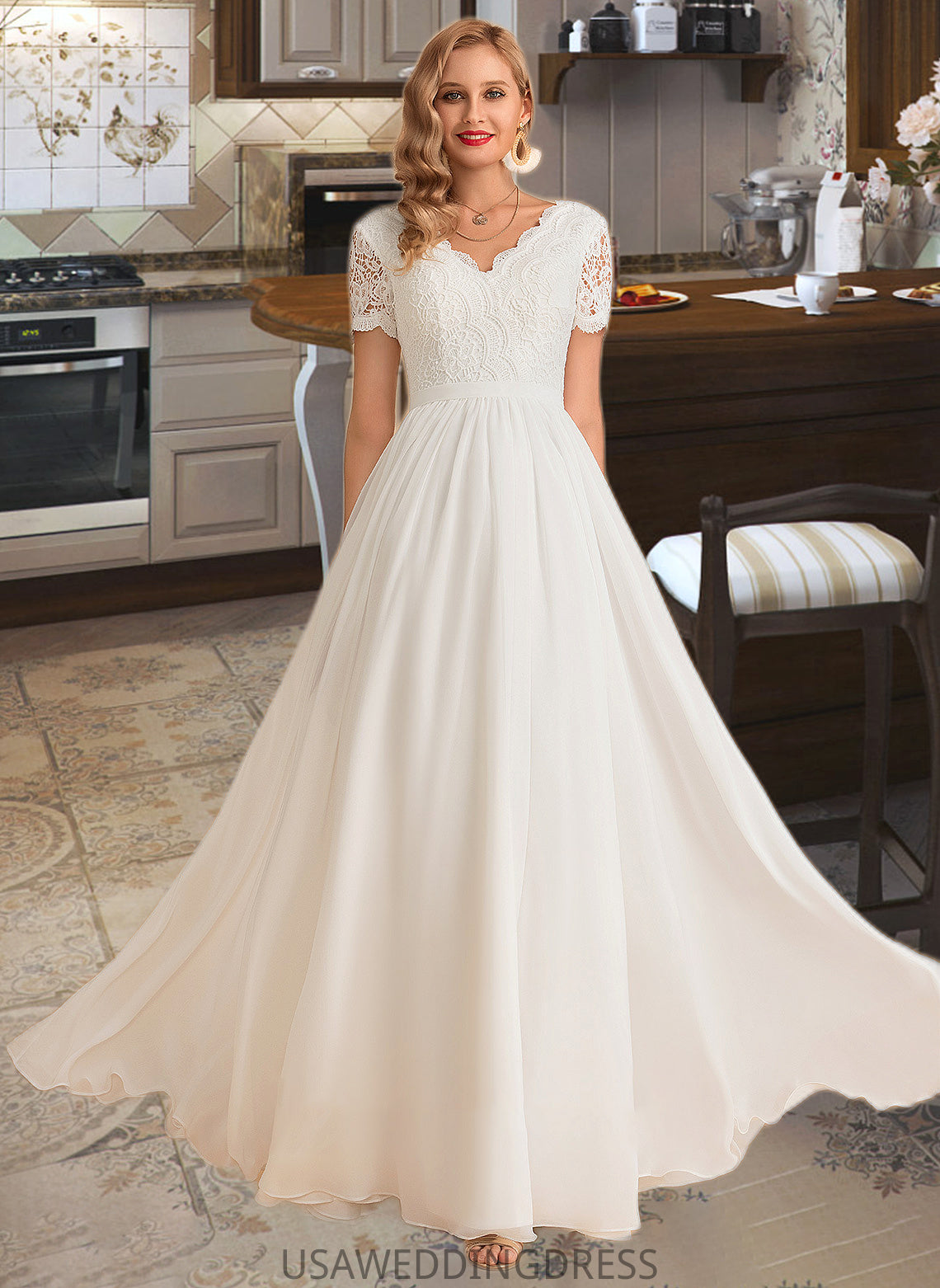 Mildred A-Line V-neck Floor-Length Chiffon Lace Wedding Dress DSP0013678