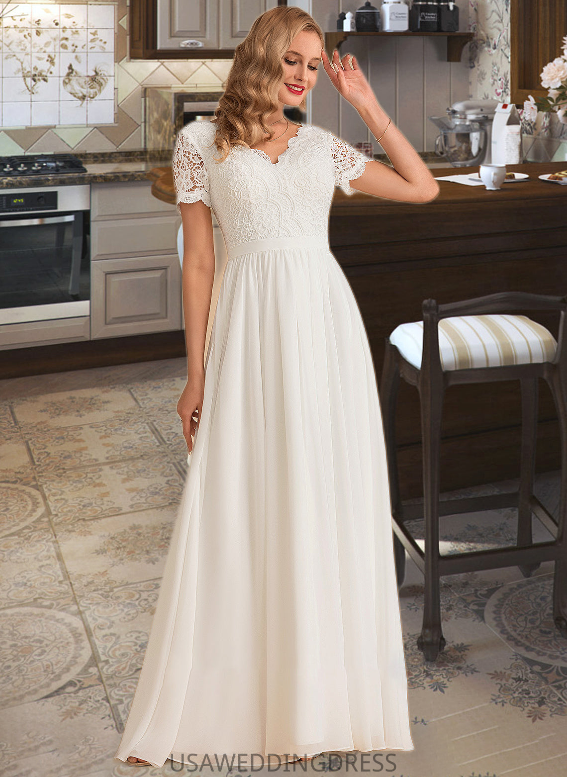 Mildred A-Line V-neck Floor-Length Chiffon Lace Wedding Dress DSP0013678