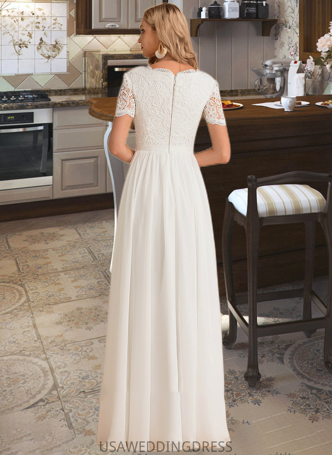 Mildred A-Line V-neck Floor-Length Chiffon Lace Wedding Dress DSP0013678