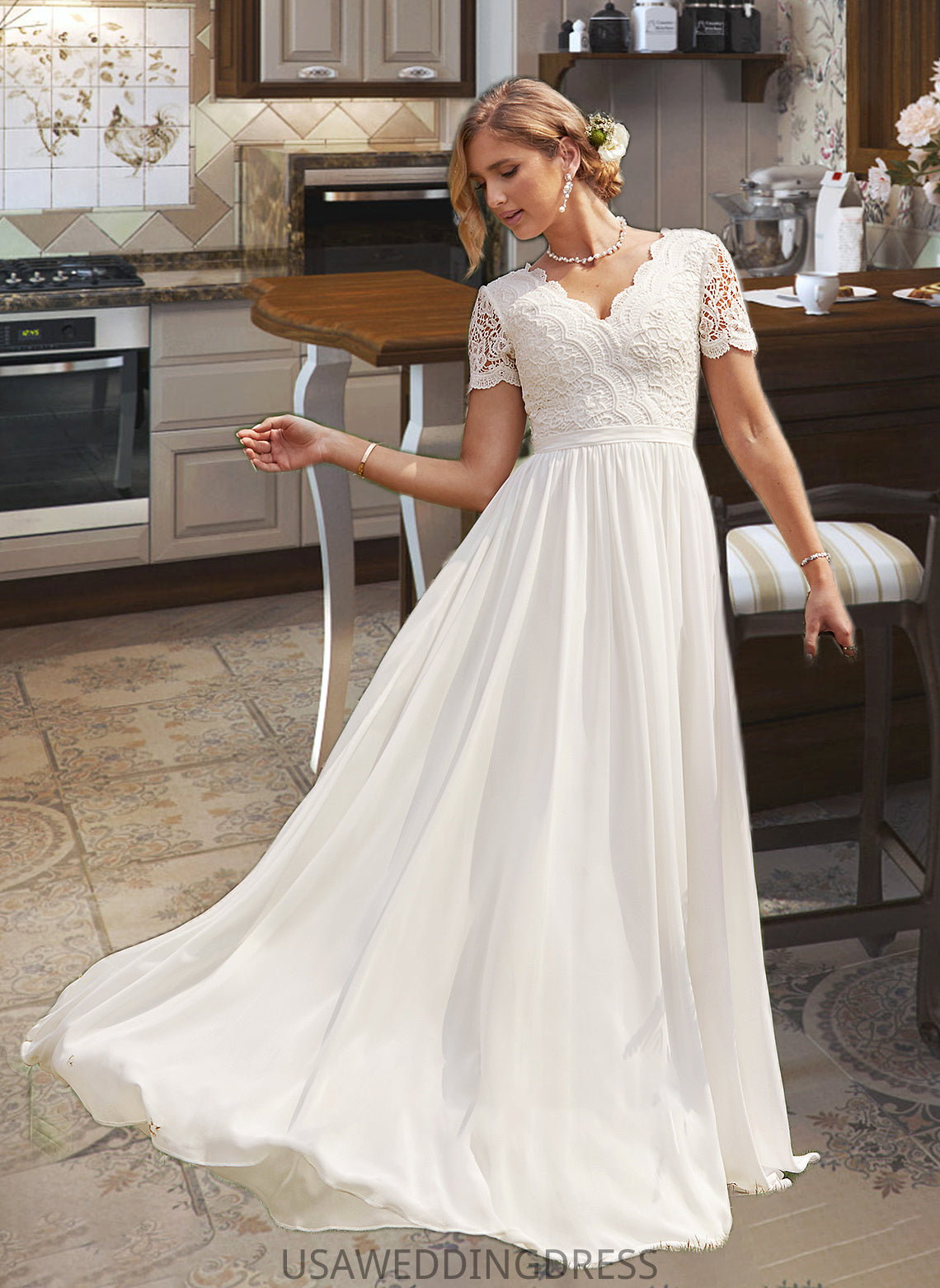 Mildred A-Line V-neck Floor-Length Chiffon Lace Wedding Dress DSP0013678