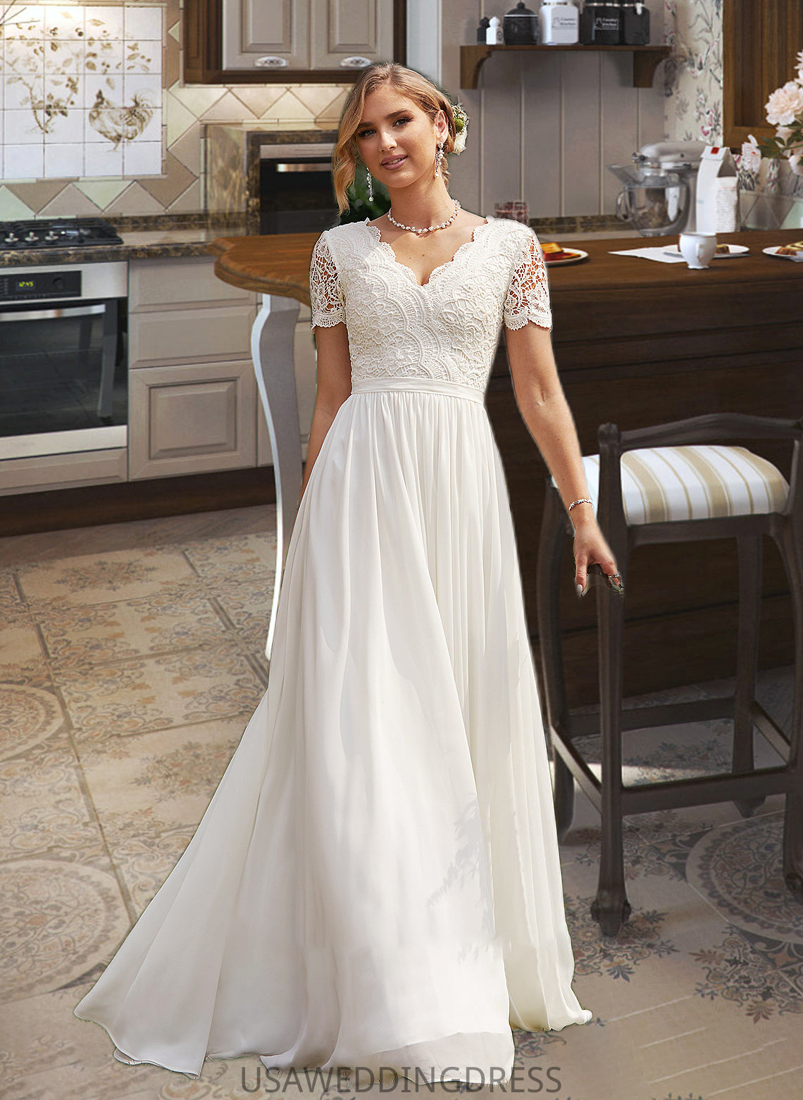 Mildred A-Line V-neck Floor-Length Chiffon Lace Wedding Dress DSP0013678