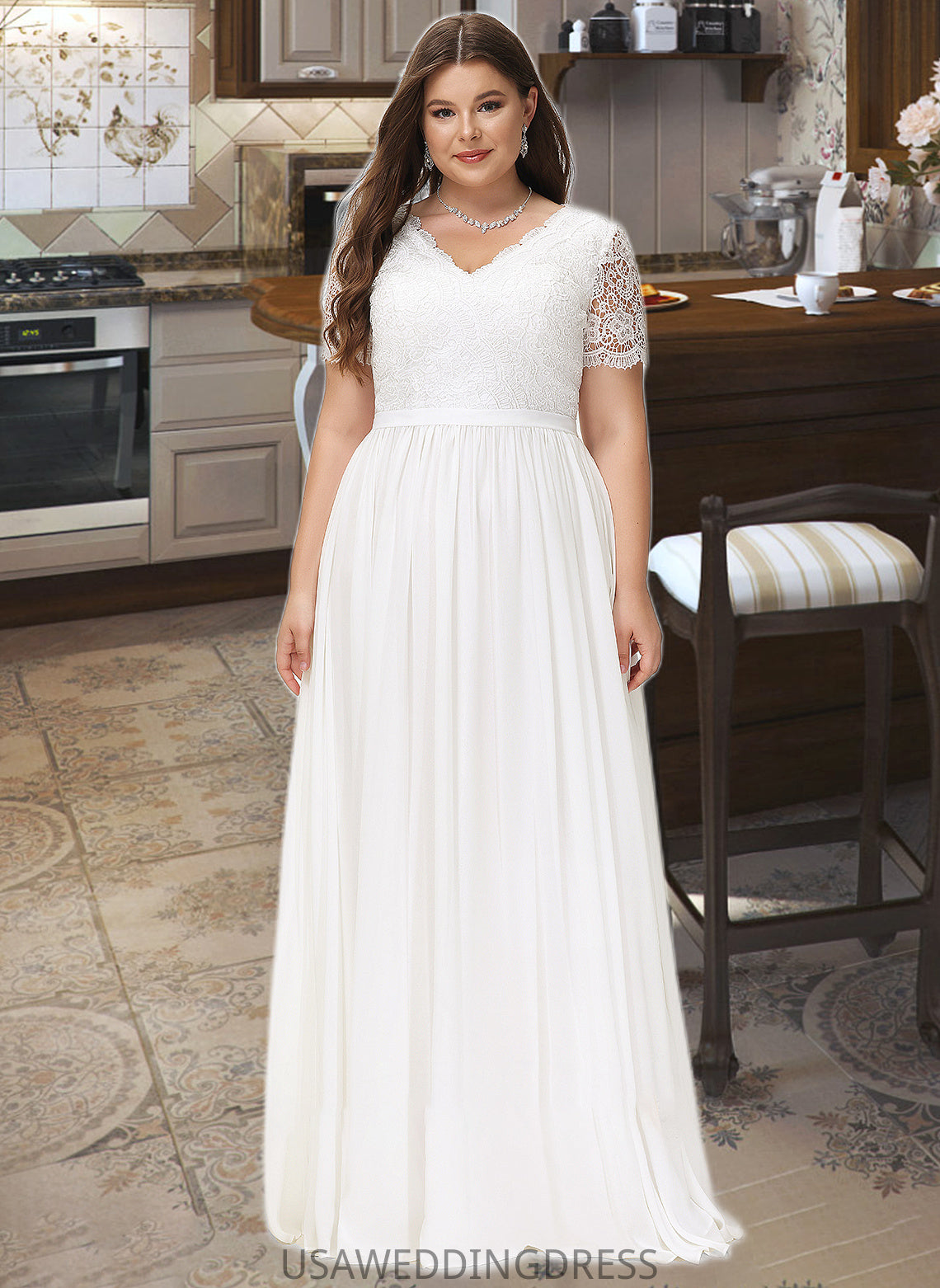 Mildred A-Line V-neck Floor-Length Chiffon Lace Wedding Dress DSP0013678