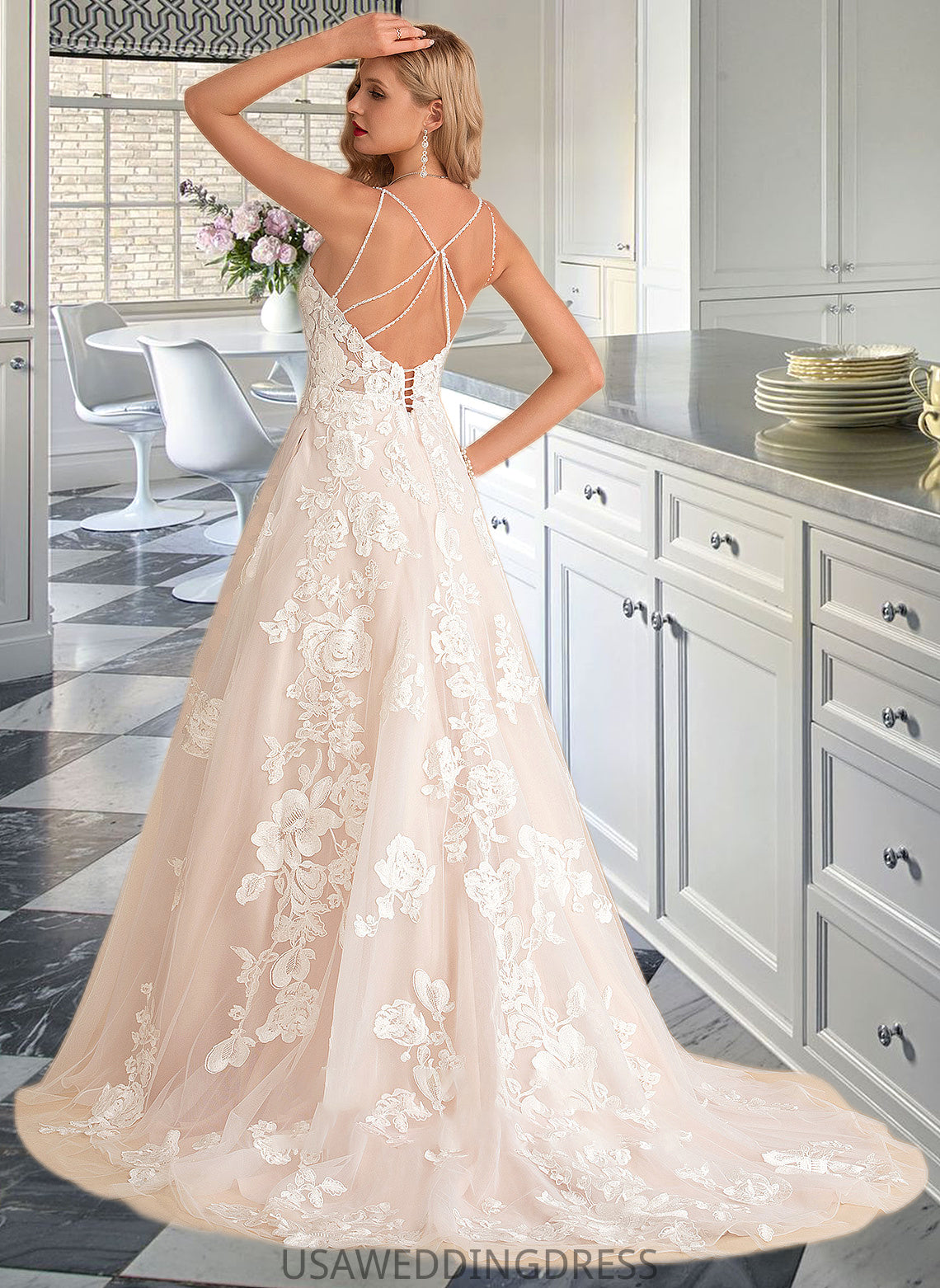 Anna Ball-Gown/Princess V-neck Court Train Tulle Lace Wedding Dress With Beading Pockets DSP0013679