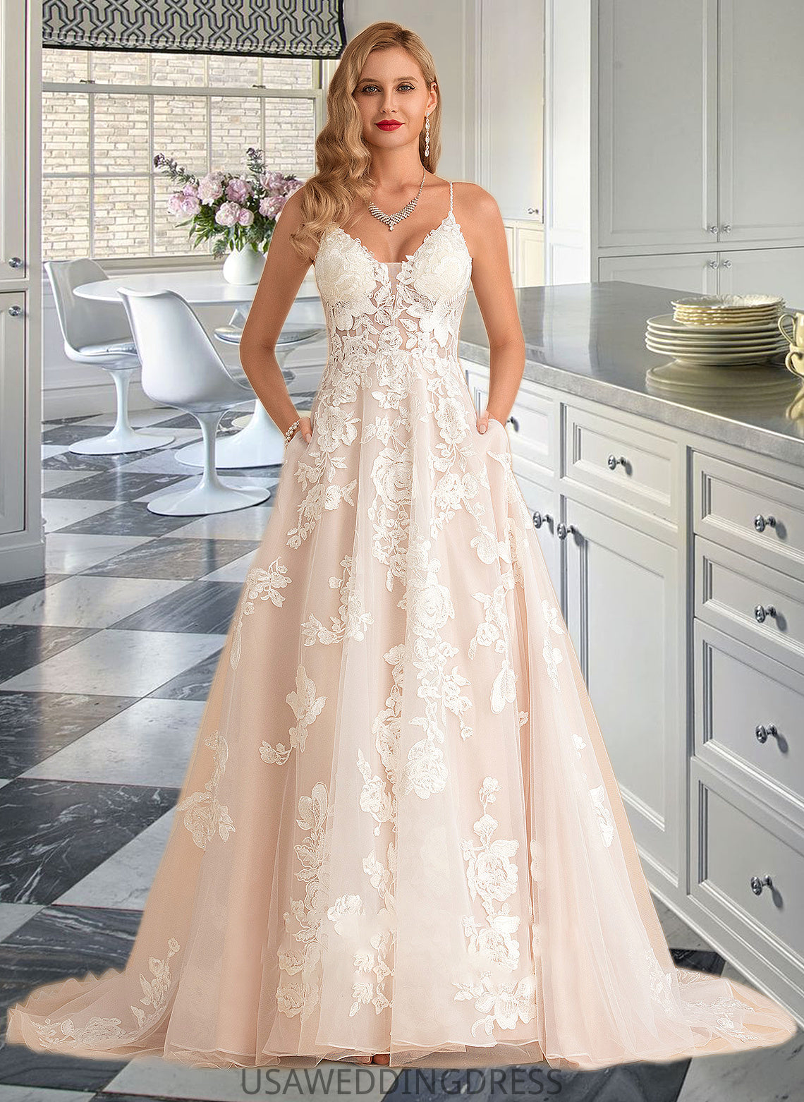 Anna Ball-Gown/Princess V-neck Court Train Tulle Lace Wedding Dress With Beading Pockets DSP0013679