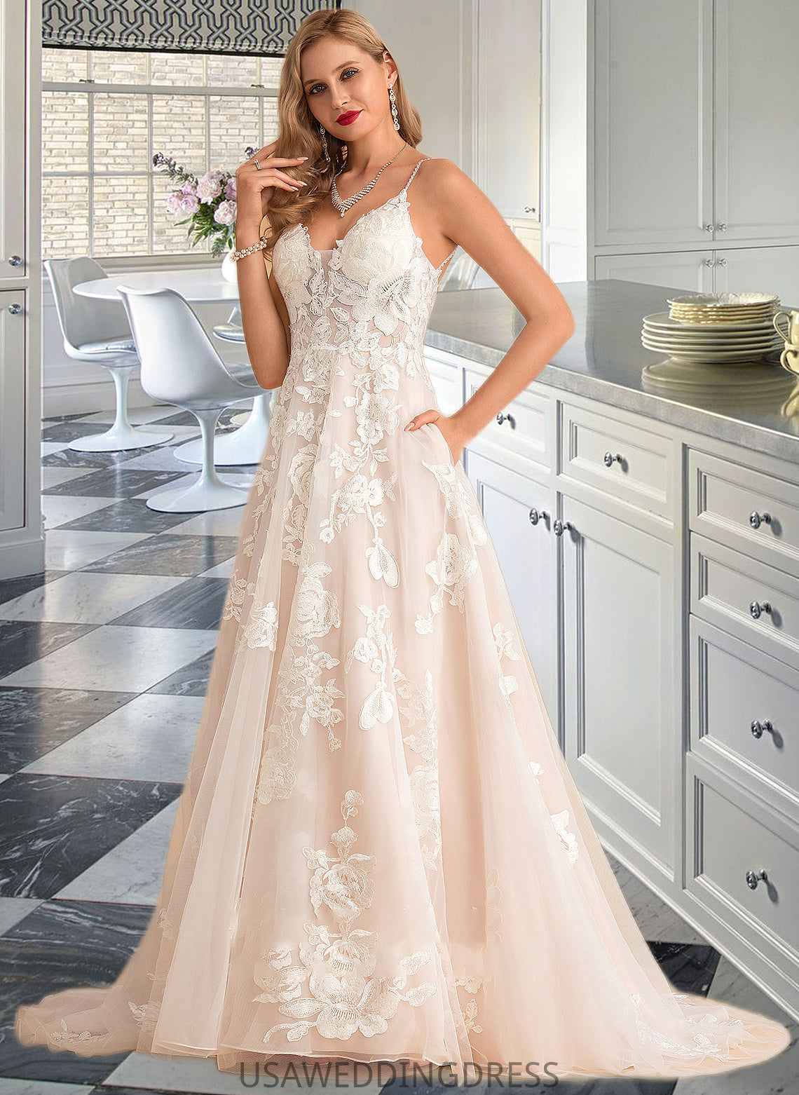 Anna Ball-Gown/Princess V-neck Court Train Tulle Lace Wedding Dress With Beading Pockets DSP0013679