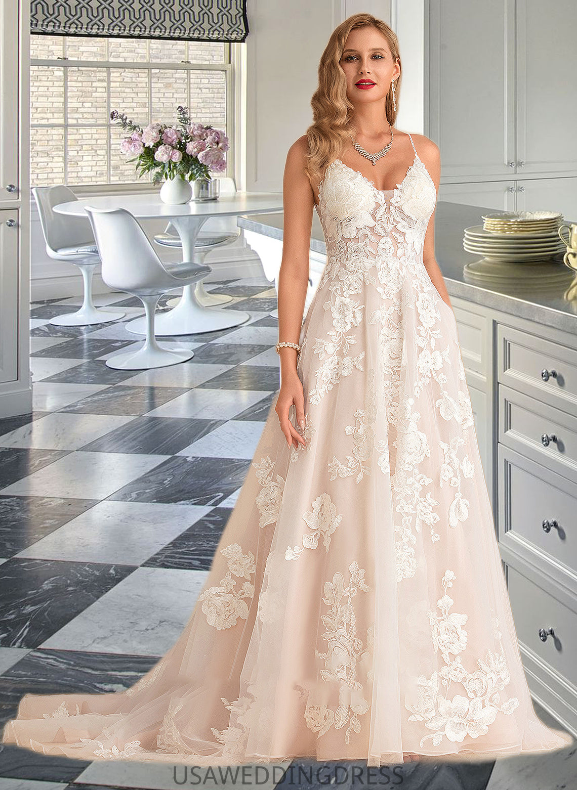 Anna Ball-Gown/Princess V-neck Court Train Tulle Lace Wedding Dress With Beading Pockets DSP0013679