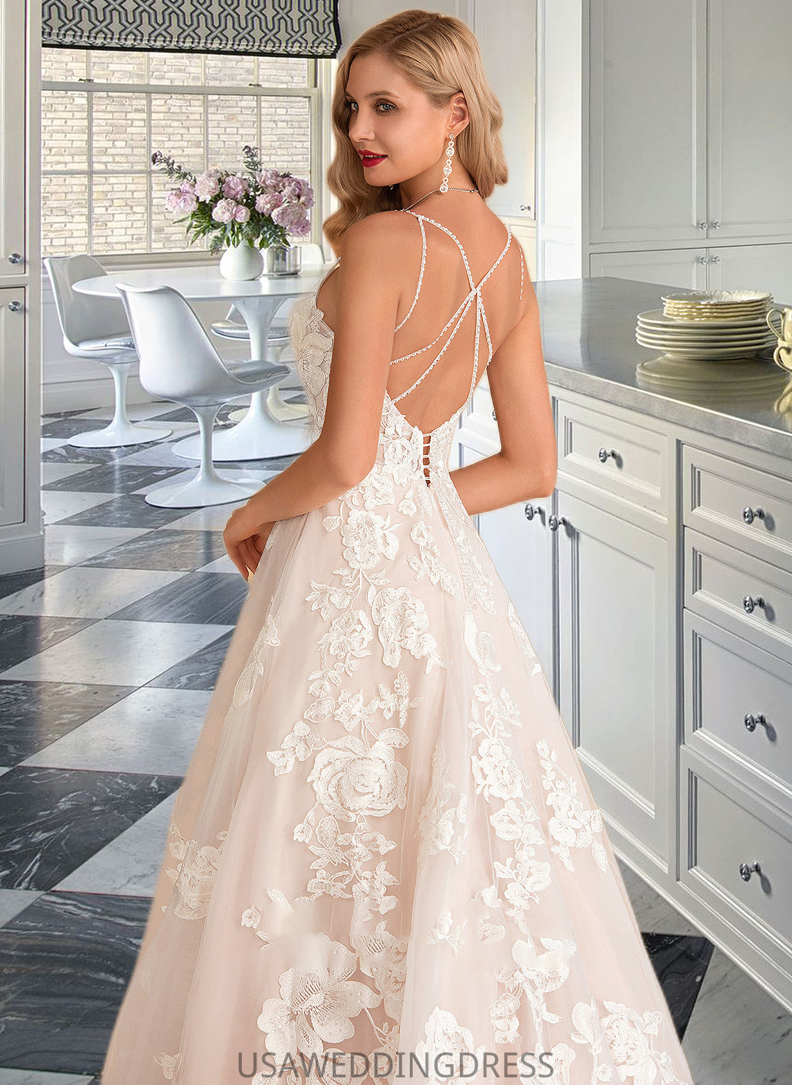 Anna Ball-Gown/Princess V-neck Court Train Tulle Lace Wedding Dress With Beading Pockets DSP0013679