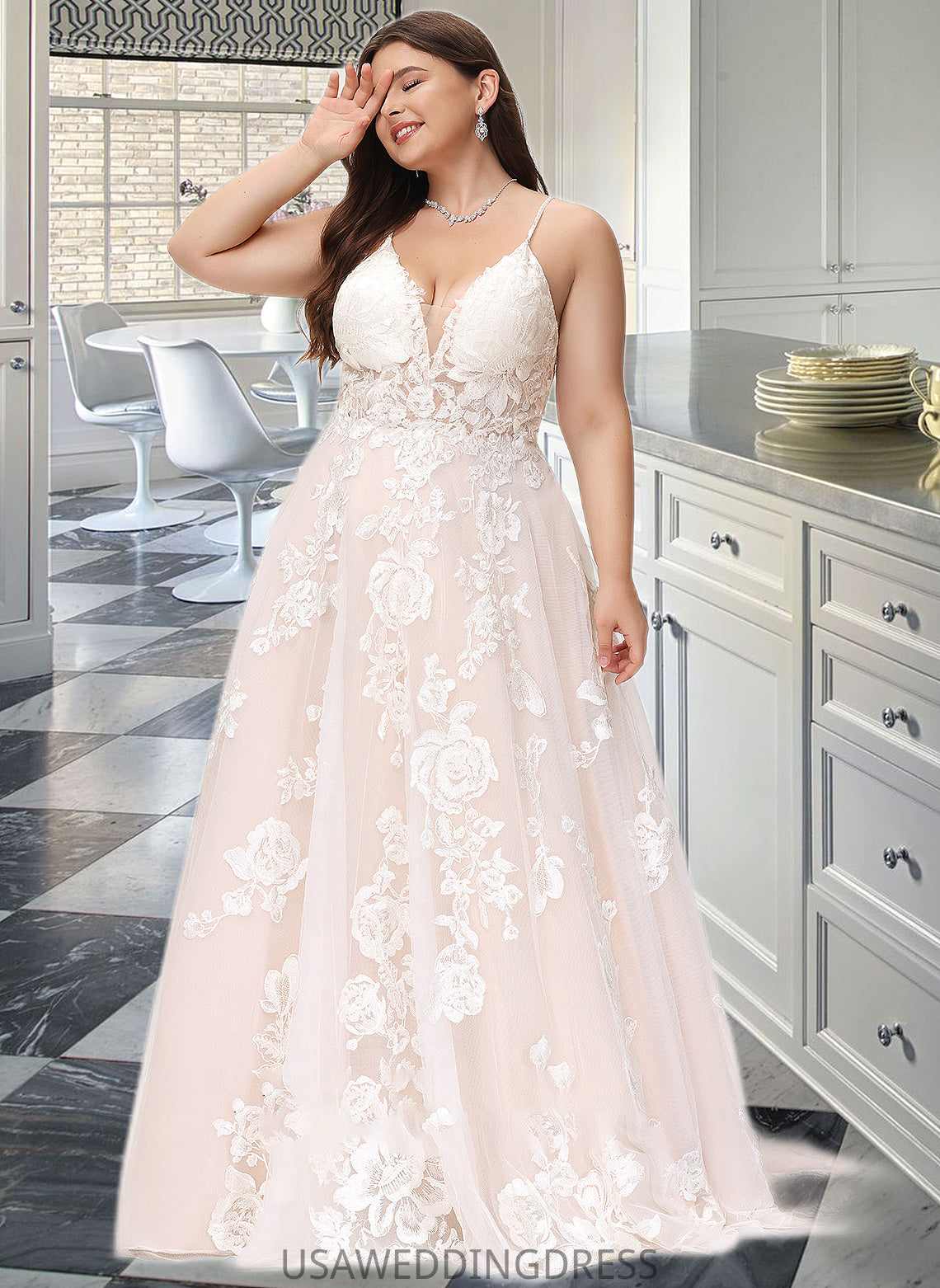 Anna Ball-Gown/Princess V-neck Court Train Tulle Lace Wedding Dress With Beading Pockets DSP0013679