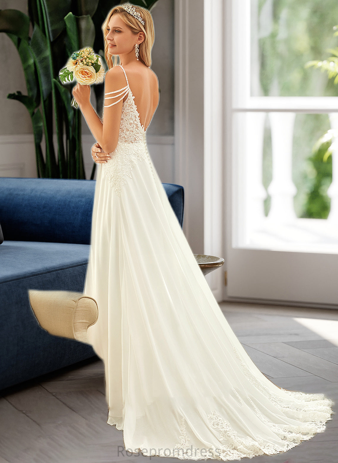 Ella A-Line V-neck Sweep Train Chiffon Lace Wedding Dress With Beading Sequins SRSP0013681