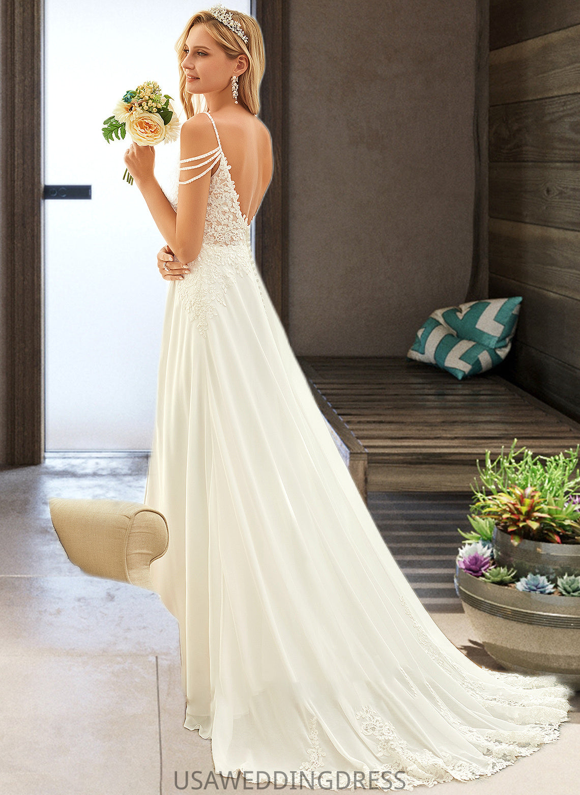 Giovanna A-Line V-neck Sweep Train Chiffon Lace Wedding Dress With Beading Sequins DSP0013681