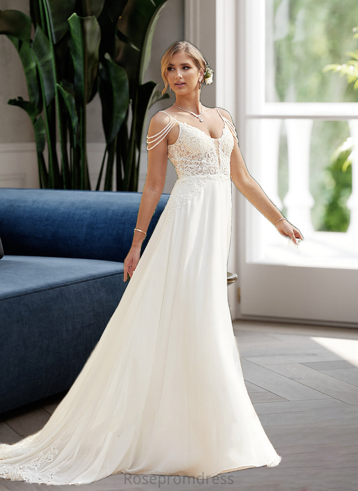 Ella A-Line V-neck Sweep Train Chiffon Lace Wedding Dress With Beading Sequins SRSP0013681