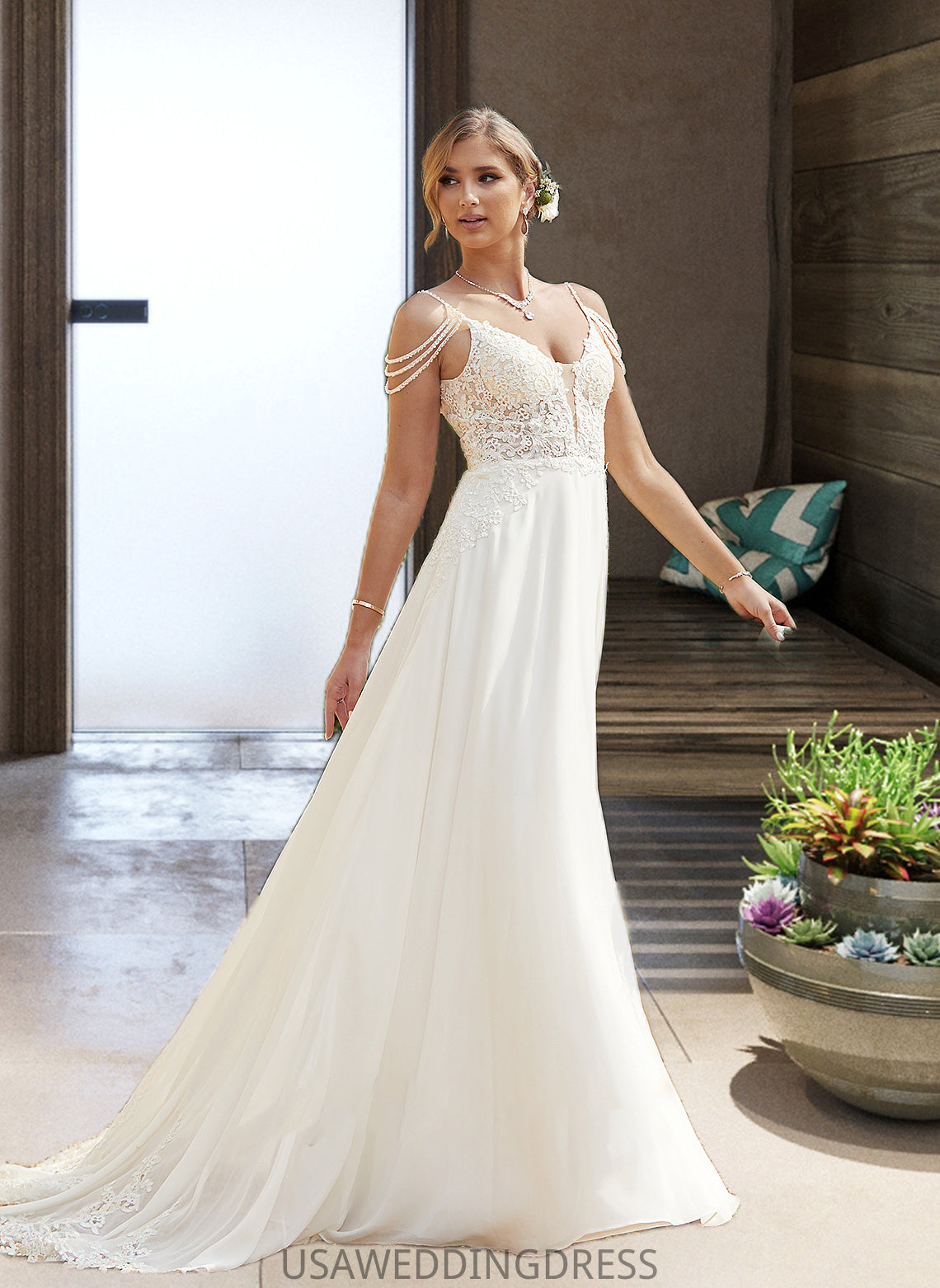 Giovanna A-Line V-neck Sweep Train Chiffon Lace Wedding Dress With Beading Sequins DSP0013681