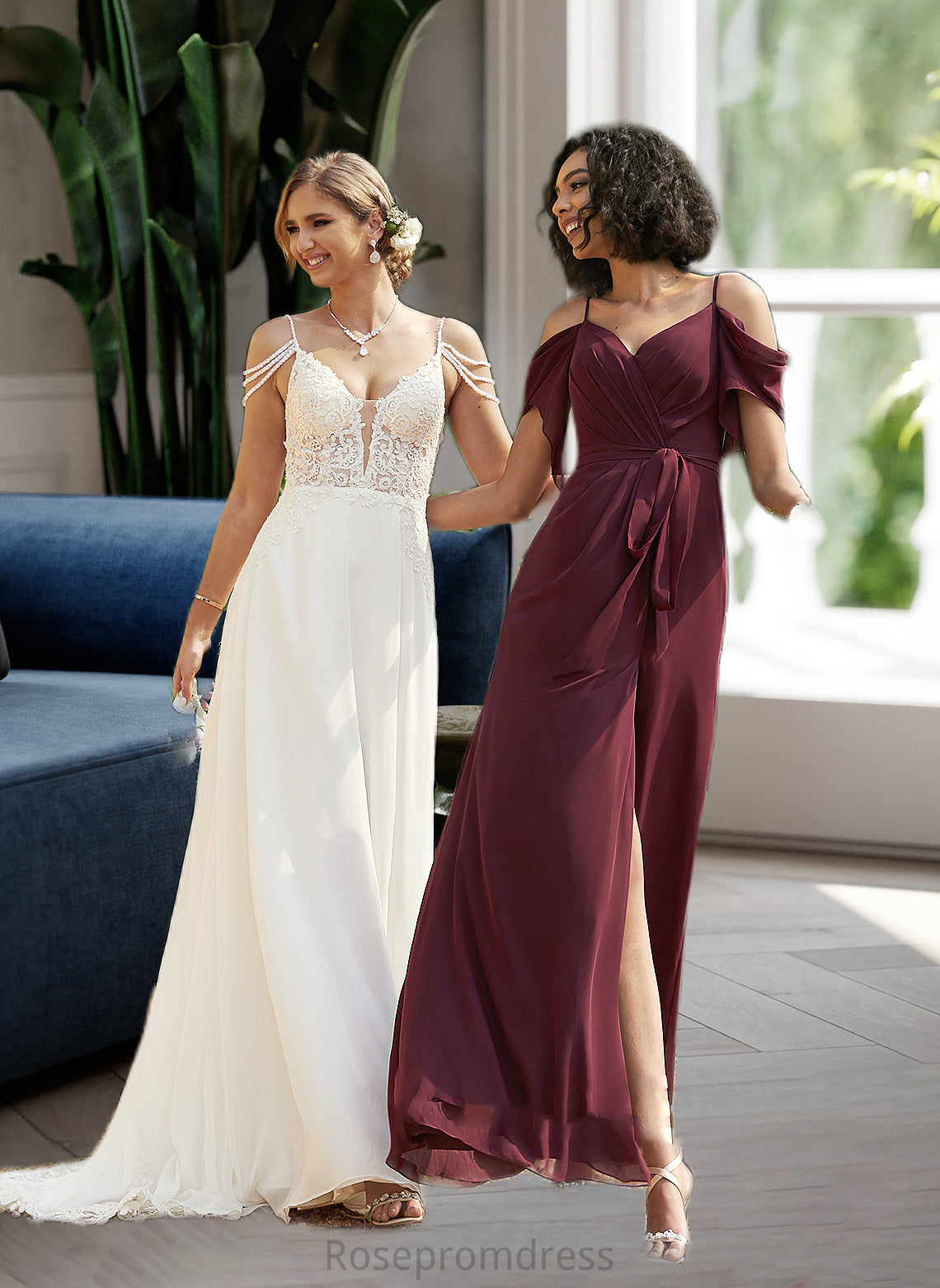 Ella A-Line V-neck Sweep Train Chiffon Lace Wedding Dress With Beading Sequins SRSP0013681