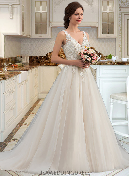 Carley Ball-Gown/Princess V-neck Court Train Tulle Wedding Dress DSP0013682