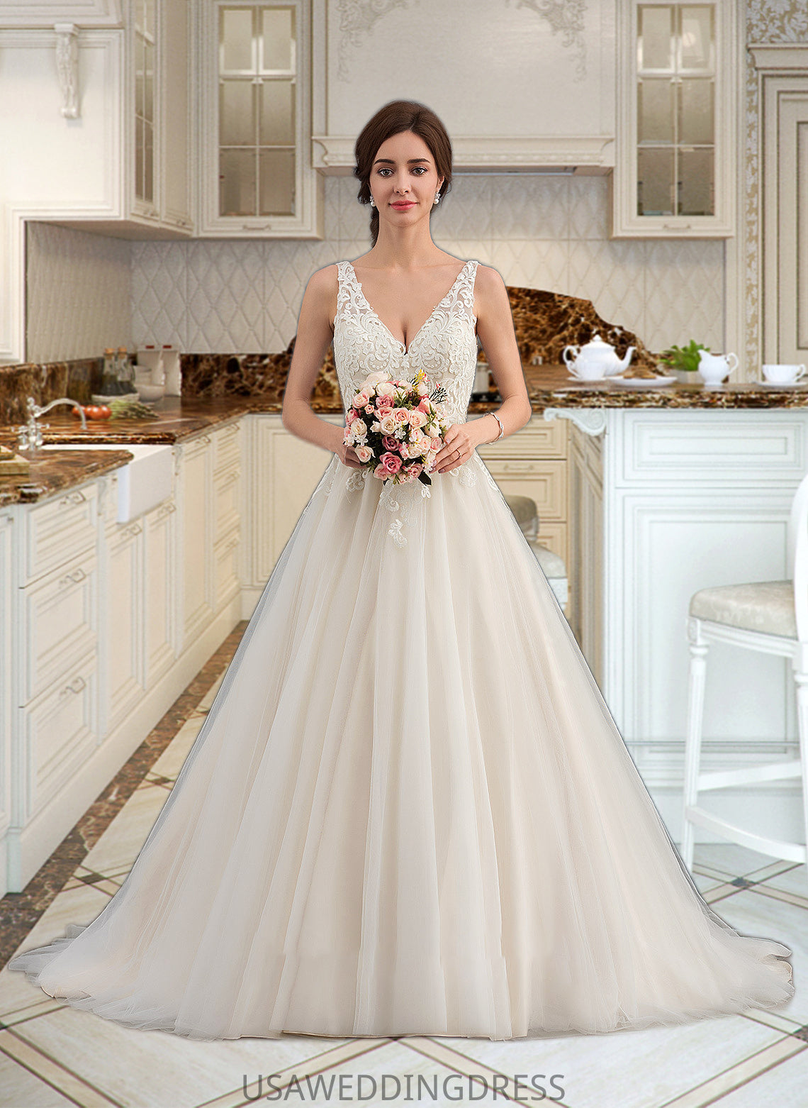 Carley Ball-Gown/Princess V-neck Court Train Tulle Wedding Dress DSP0013682