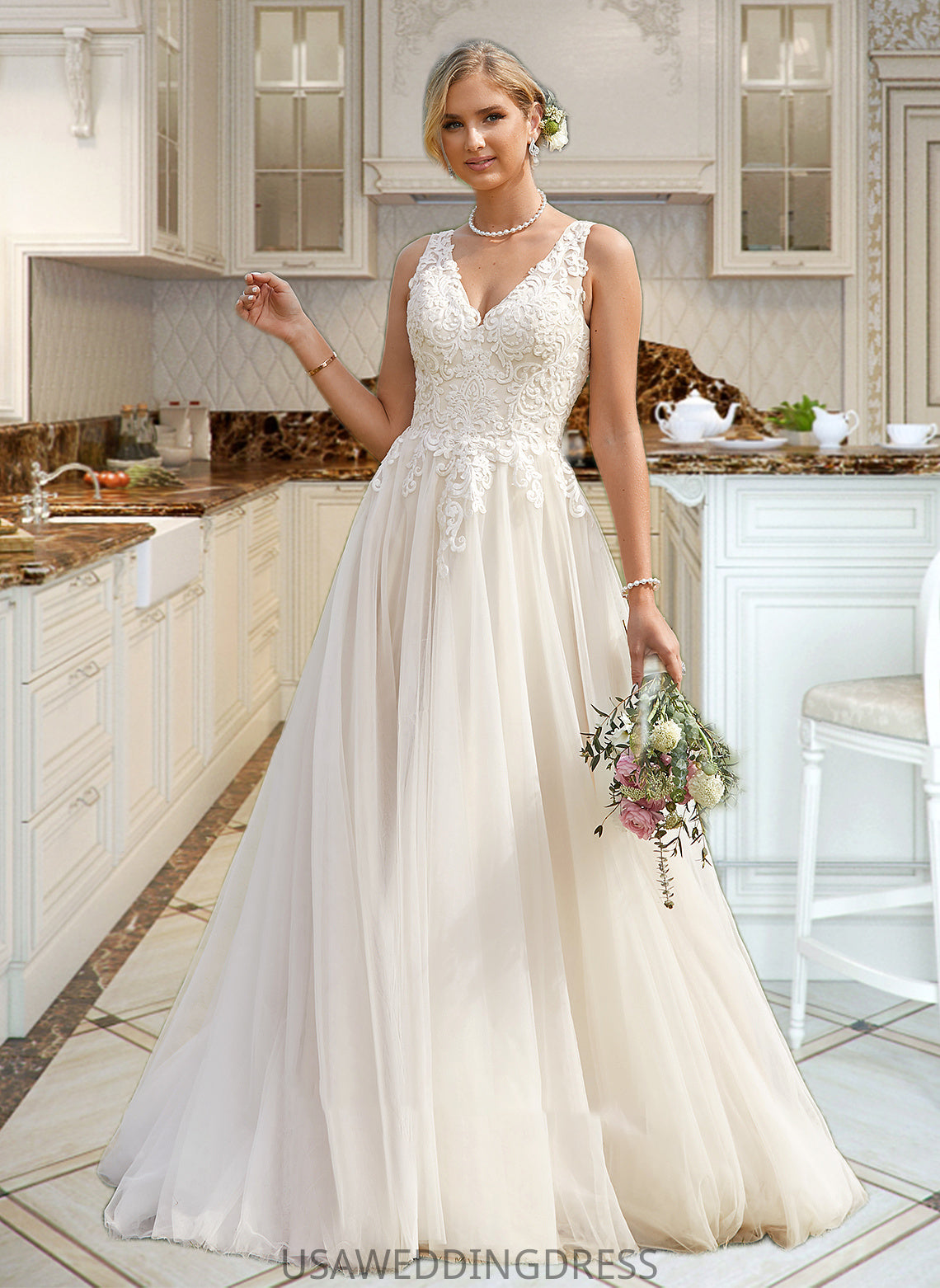 Carley Ball-Gown/Princess V-neck Court Train Tulle Wedding Dress DSP0013682