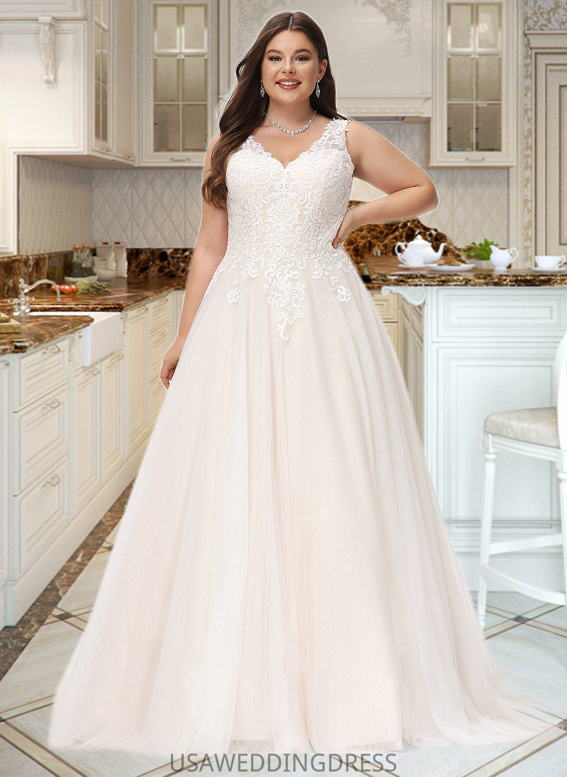 Carley Ball-Gown/Princess V-neck Court Train Tulle Wedding Dress DSP0013682