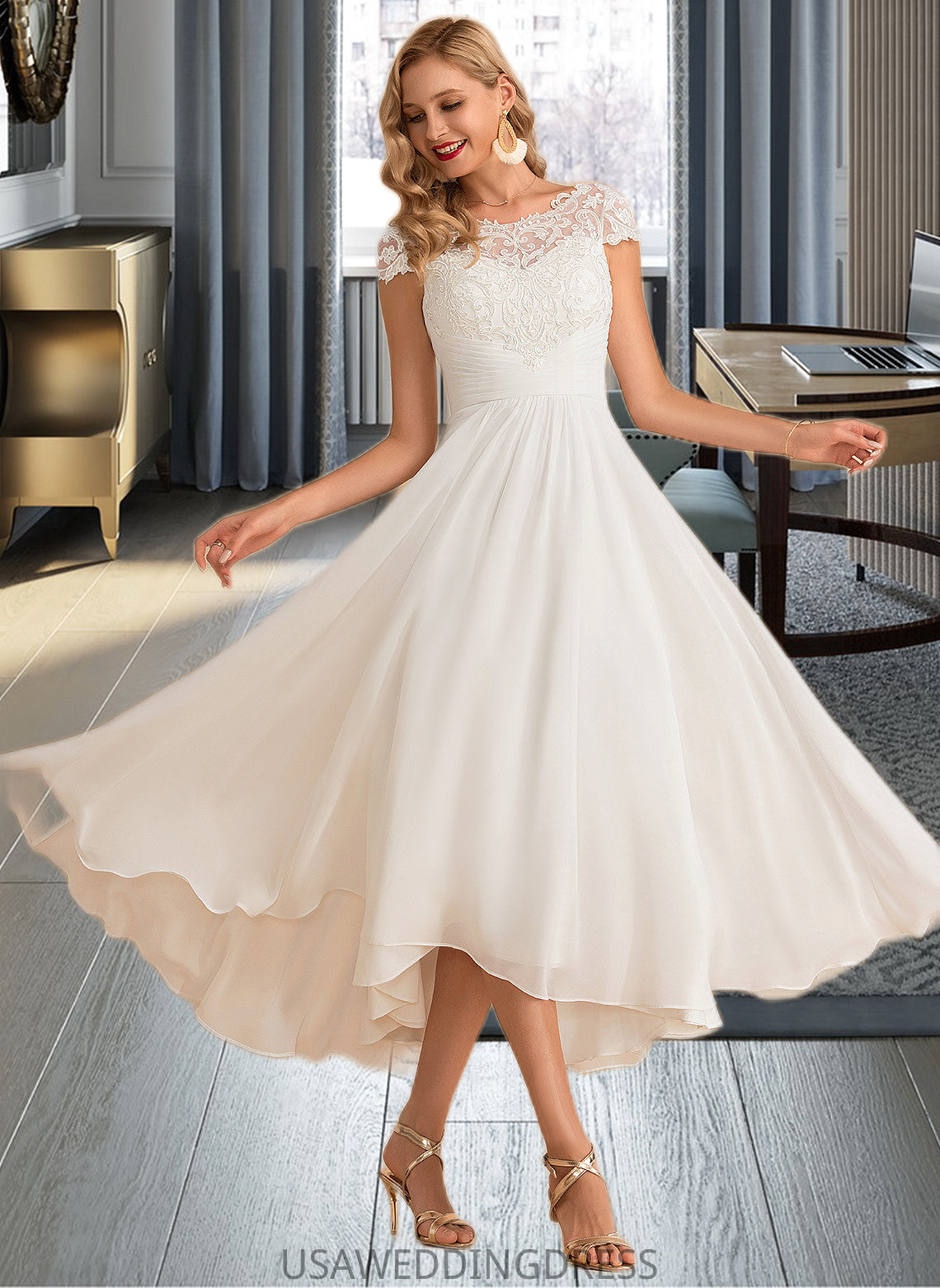 Adalynn A-Line Scoop Neck Asymmetrical Chiffon Wedding Dress DSP0013683