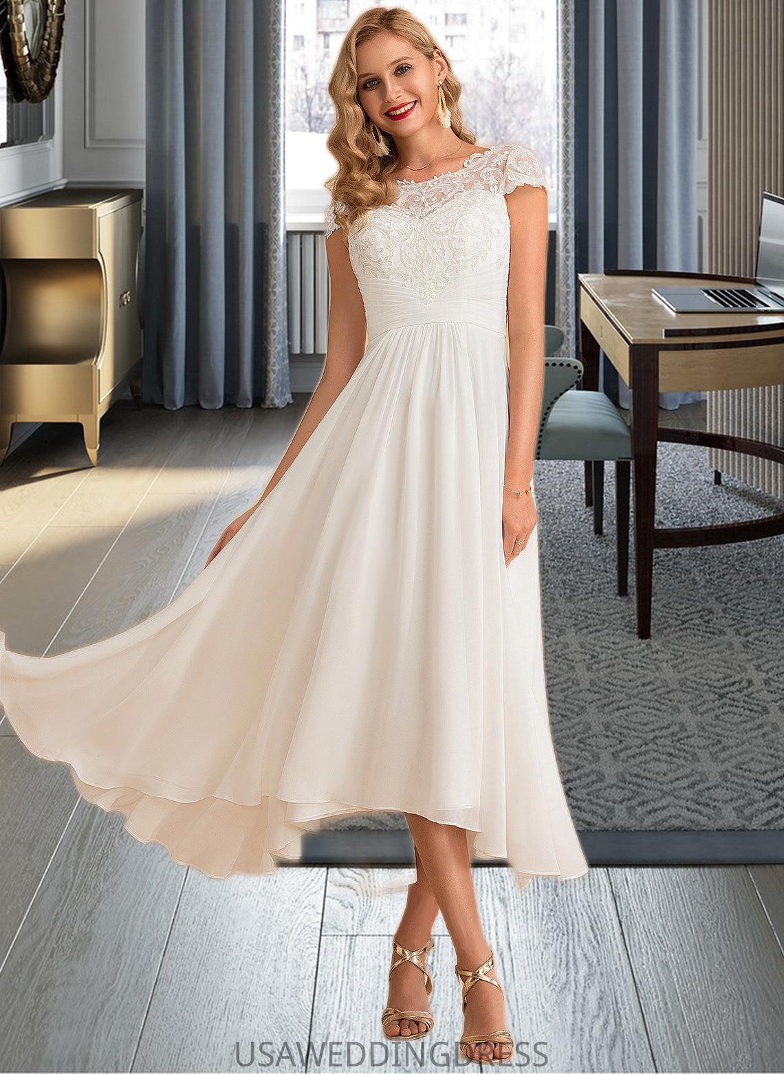 Adalynn A-Line Scoop Neck Asymmetrical Chiffon Wedding Dress DSP0013683