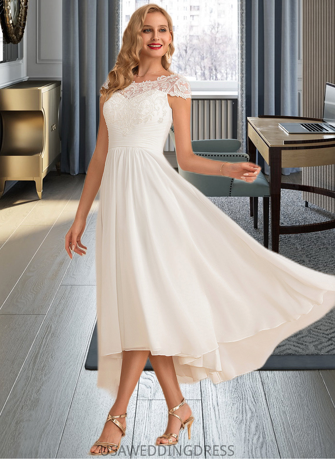 Adalynn A-Line Scoop Neck Asymmetrical Chiffon Wedding Dress DSP0013683