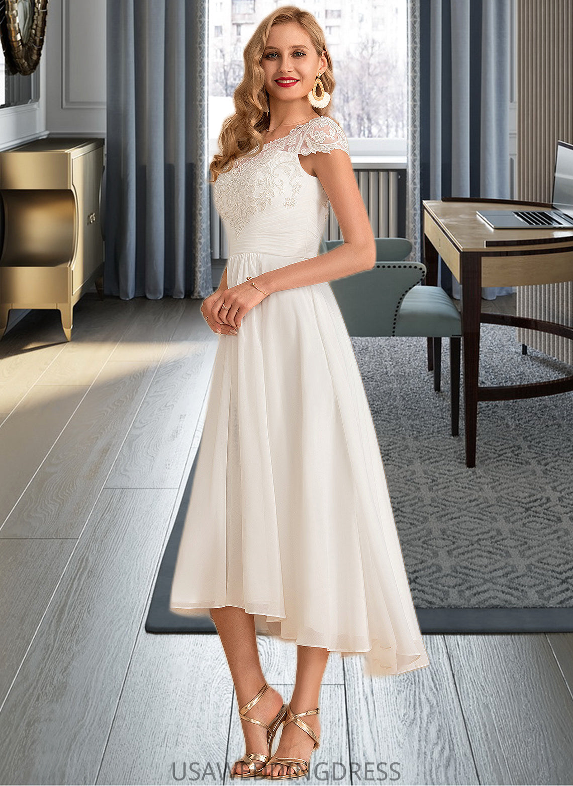 Adalynn A-Line Scoop Neck Asymmetrical Chiffon Wedding Dress DSP0013683