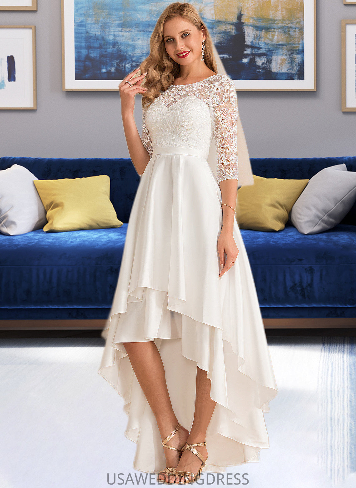 Ainsley A-Line Scoop Neck Asymmetrical Satin Lace Wedding Dress DSP0013684