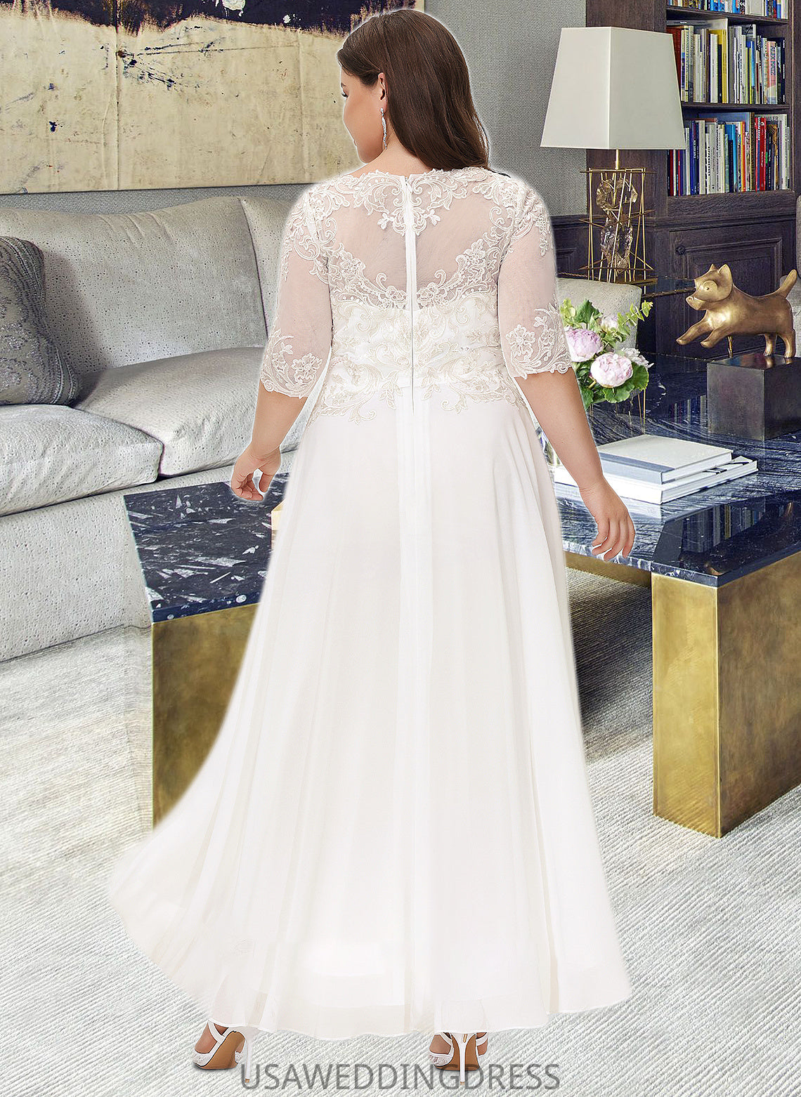 Quintina A-Line Scoop Neck Asymmetrical Chiffon Wedding Dress With Beading Sequins DSP0013686