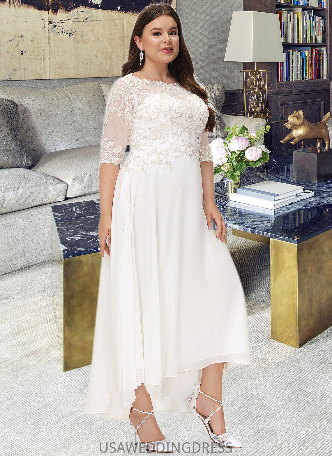 Quintina A-Line Scoop Neck Asymmetrical Chiffon Wedding Dress With Beading Sequins DSP0013686