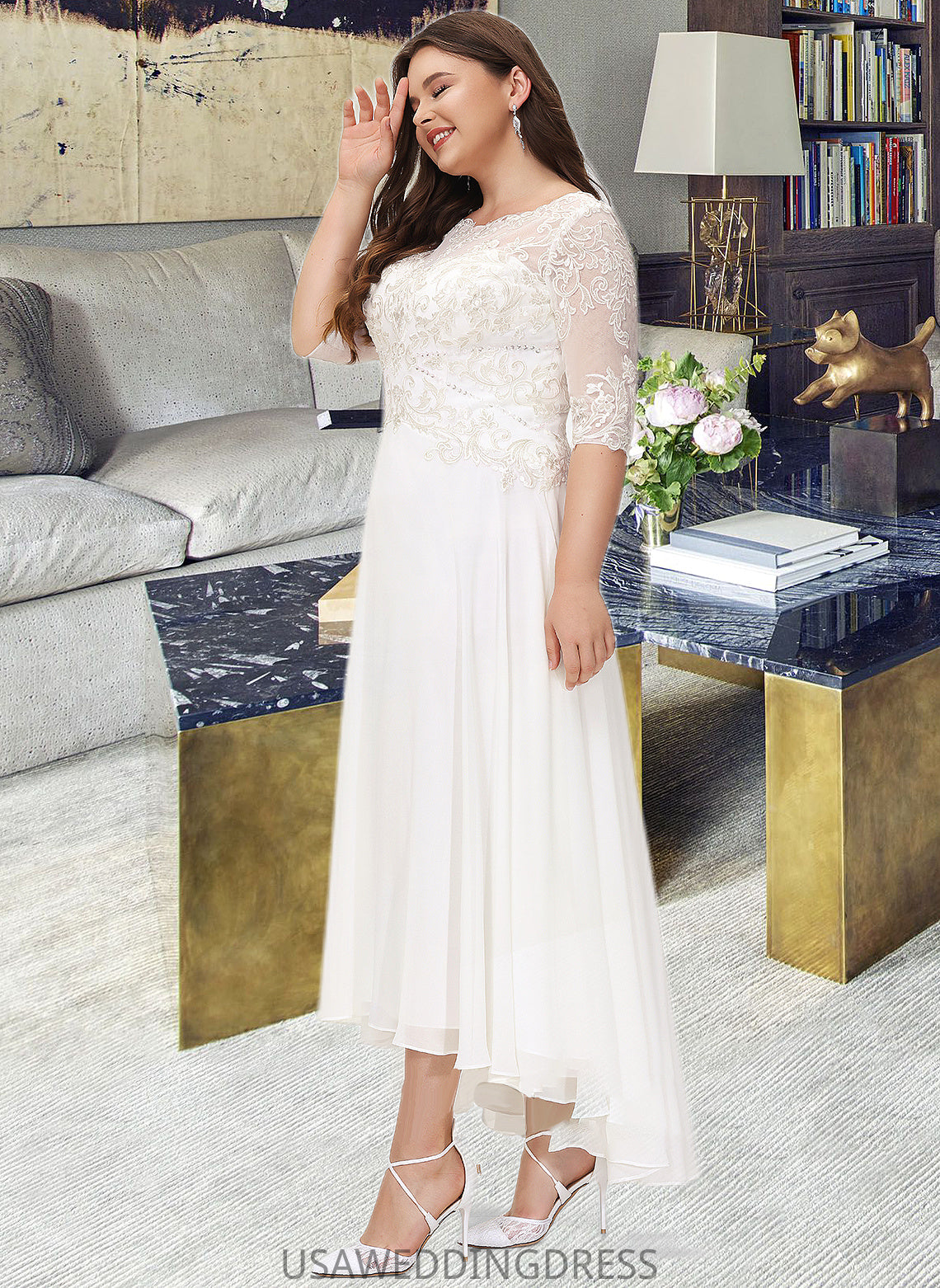 Quintina A-Line Scoop Neck Asymmetrical Chiffon Wedding Dress With Beading Sequins DSP0013686