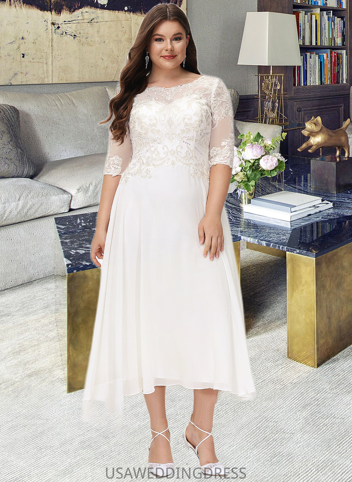 Quintina A-Line Scoop Neck Asymmetrical Chiffon Wedding Dress With Beading Sequins DSP0013686