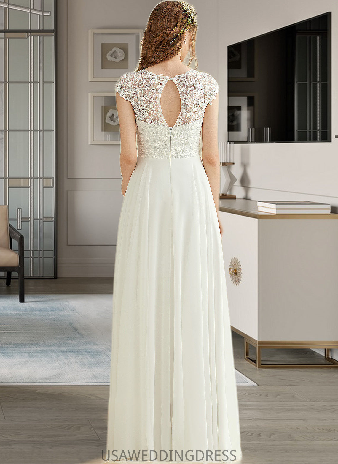 Maribel A-Line Floor-Length Chiffon Lace Wedding Dress DSP0013687