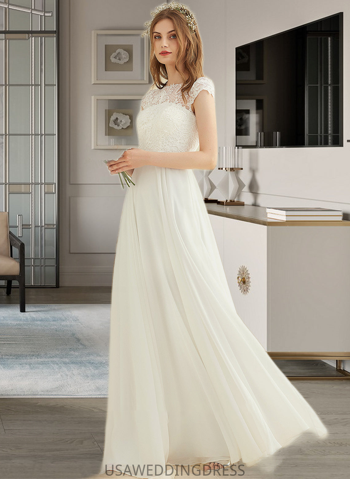 Maribel A-Line Floor-Length Chiffon Lace Wedding Dress DSP0013687