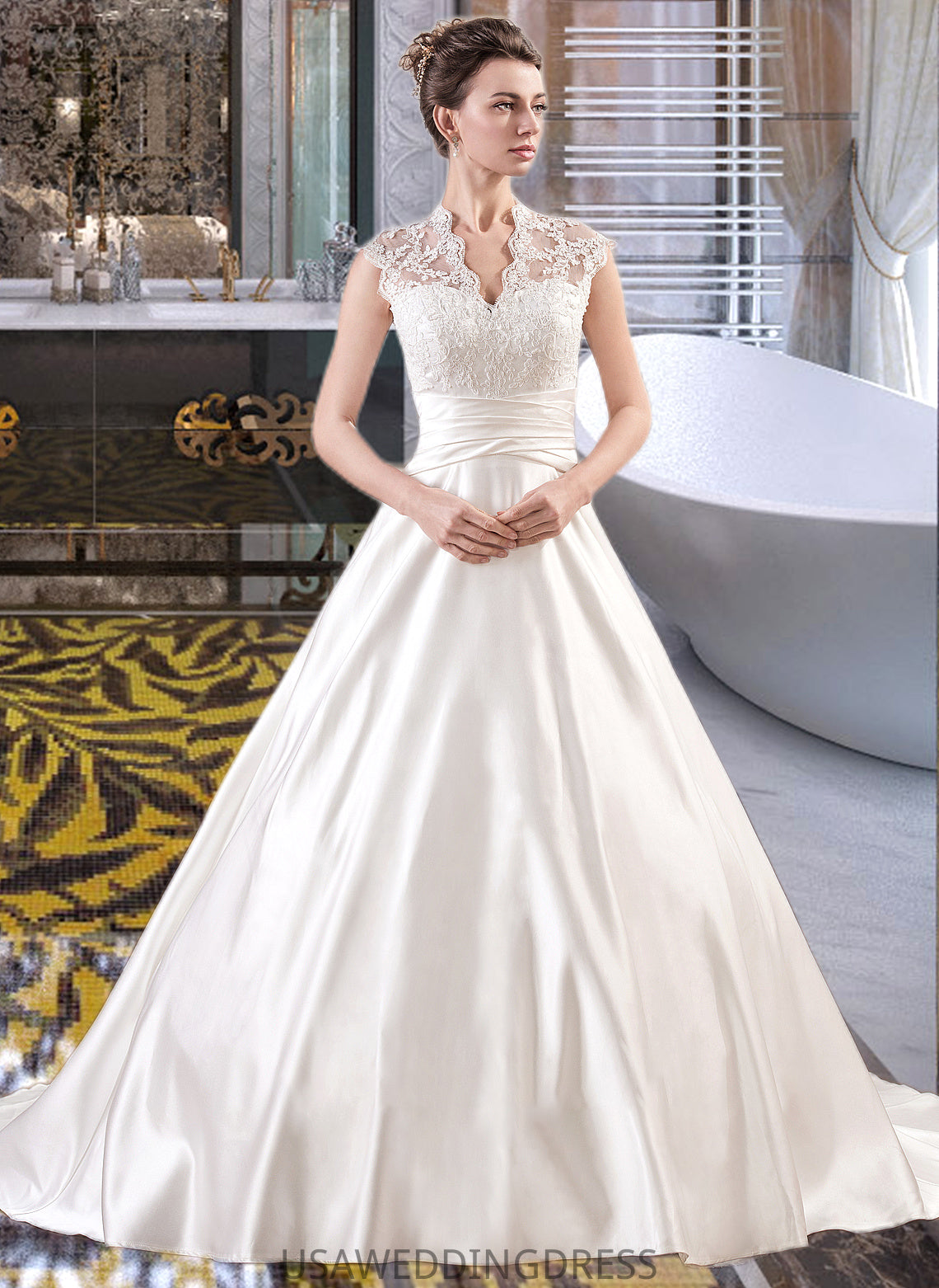 Ayana Ball-Gown/Princess V-neck Court Train Satin Lace Wedding Dress With Ruffle DSP0013688