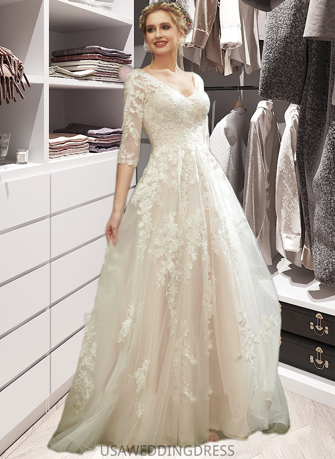 Sanaa A-Line V-neck Court Train Wedding Dress With Sequins DSP0013690