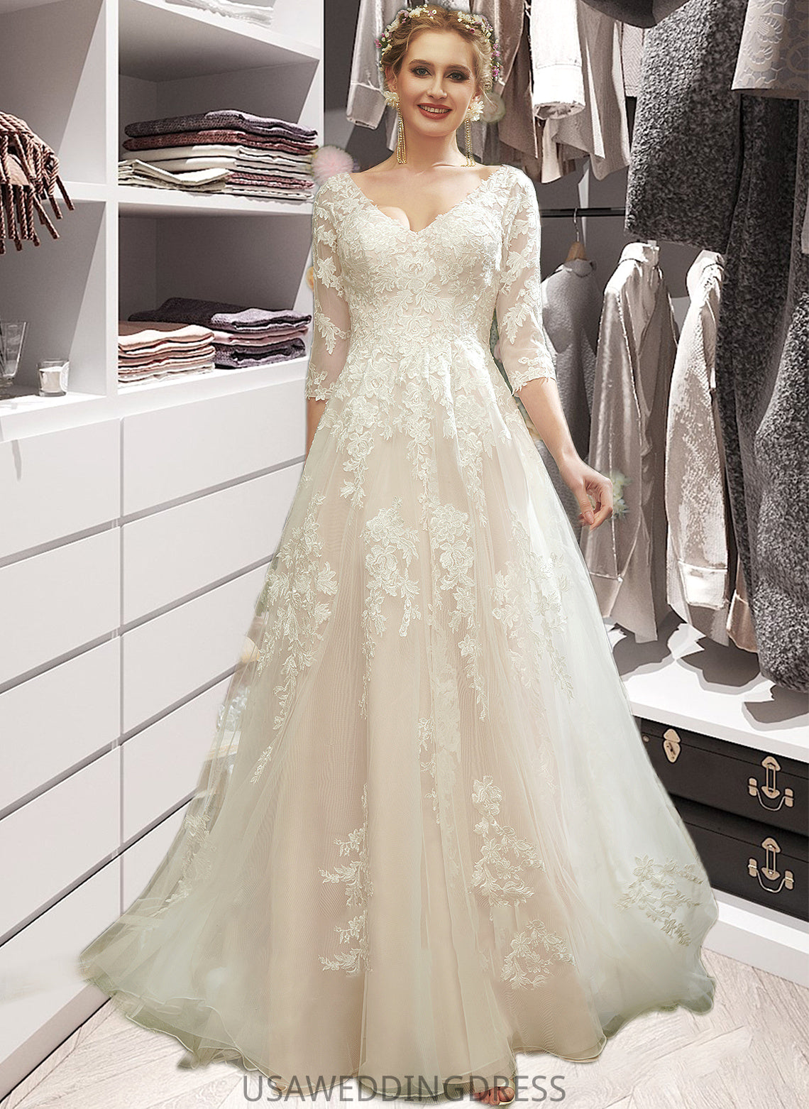 Sanaa A-Line V-neck Court Train Wedding Dress With Sequins DSP0013690