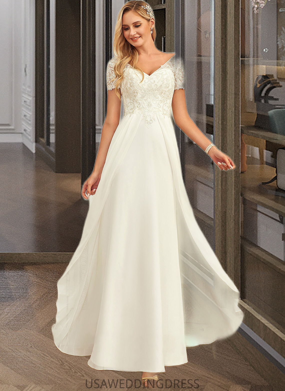 Alia A-Line V-neck Floor-Length Chiffon Lace Wedding Dress With Lace DSP0013691