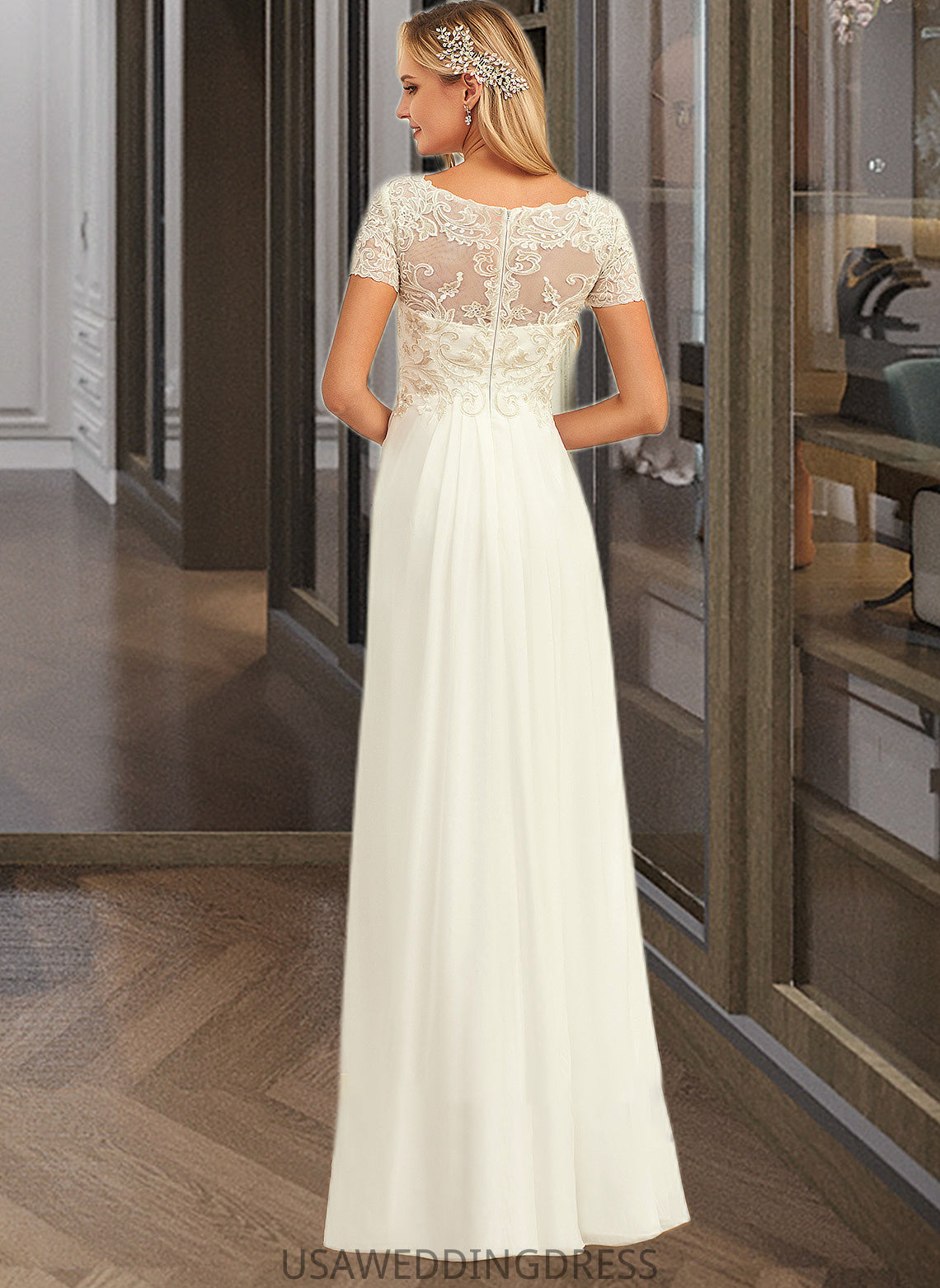 Alia A-Line V-neck Floor-Length Chiffon Lace Wedding Dress With Lace DSP0013691