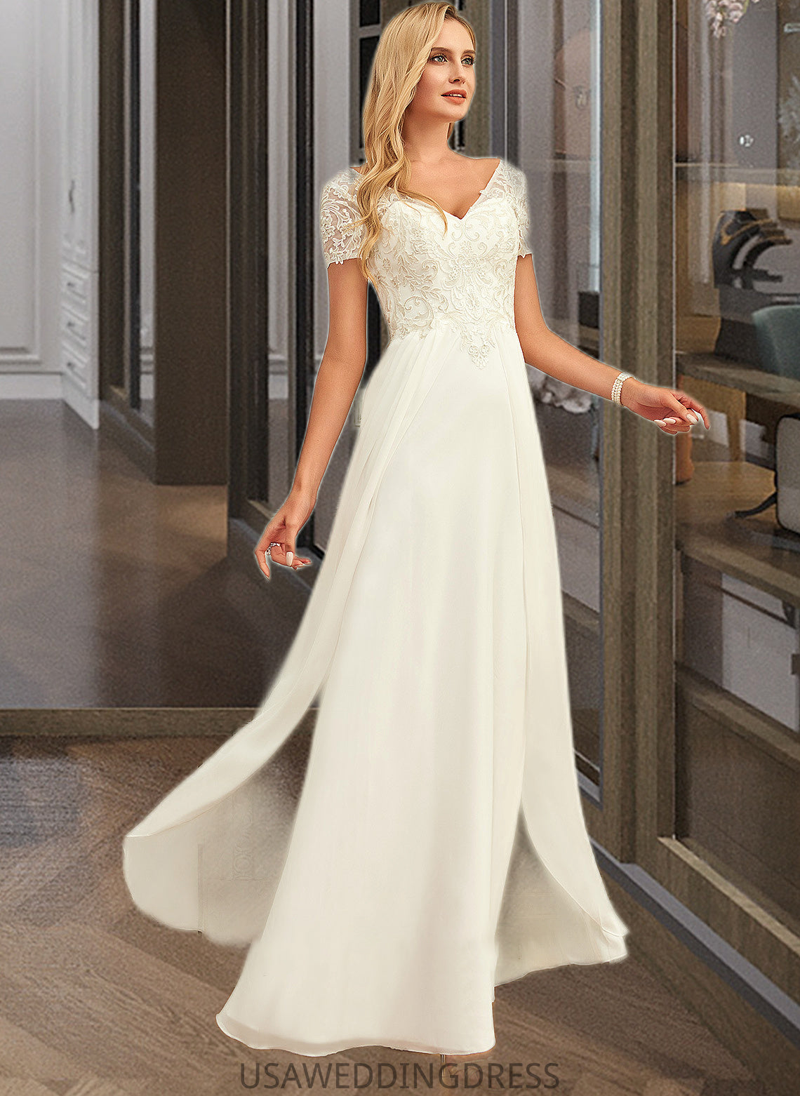 Alia A-Line V-neck Floor-Length Chiffon Lace Wedding Dress With Lace DSP0013691