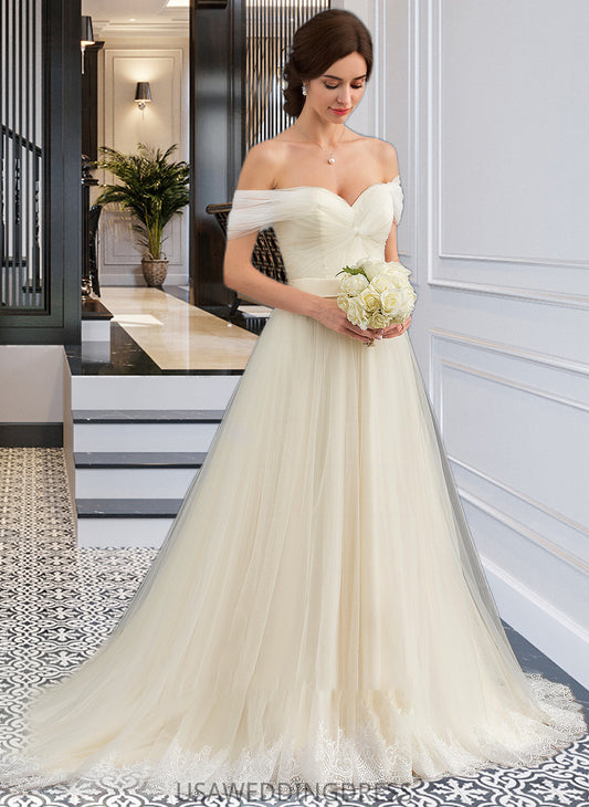 Tiara Ball-Gown/Princess Off-the-Shoulder Court Train Tulle Lace Wedding Dress With Ruffle DSP0013692