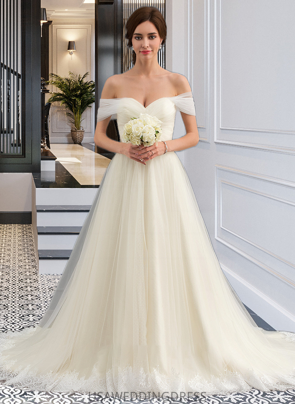 Tiara Ball-Gown/Princess Off-the-Shoulder Court Train Tulle Lace Wedding Dress With Ruffle DSP0013692