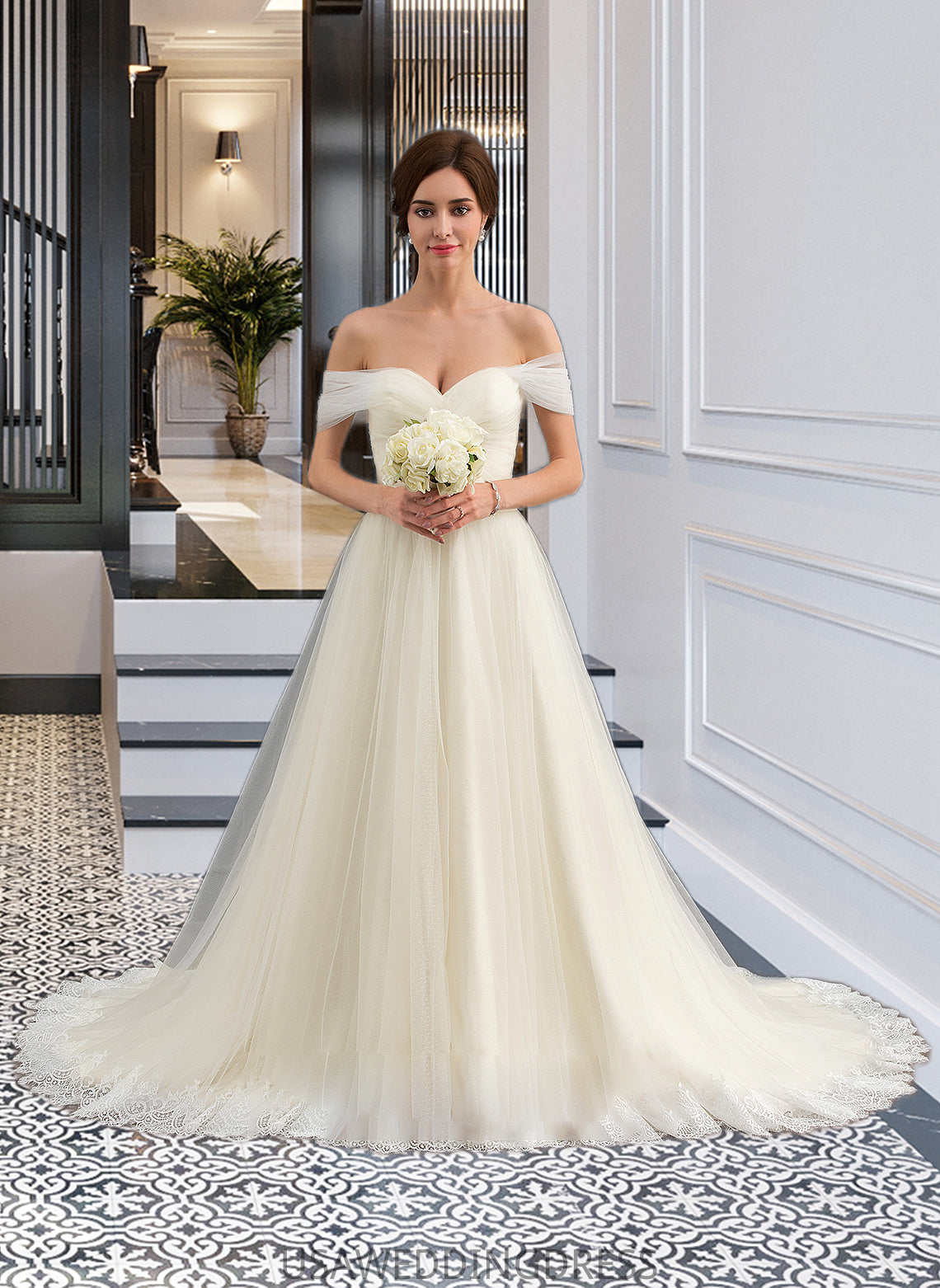 Tiara Ball-Gown/Princess Off-the-Shoulder Court Train Tulle Lace Wedding Dress With Ruffle DSP0013692