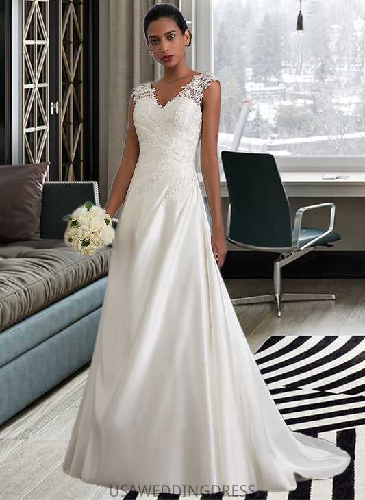 Parker Ball-Gown/Princess V-neck Sweep Train Satin Wedding Dress With Ruffle Beading Sequins DSP0013693