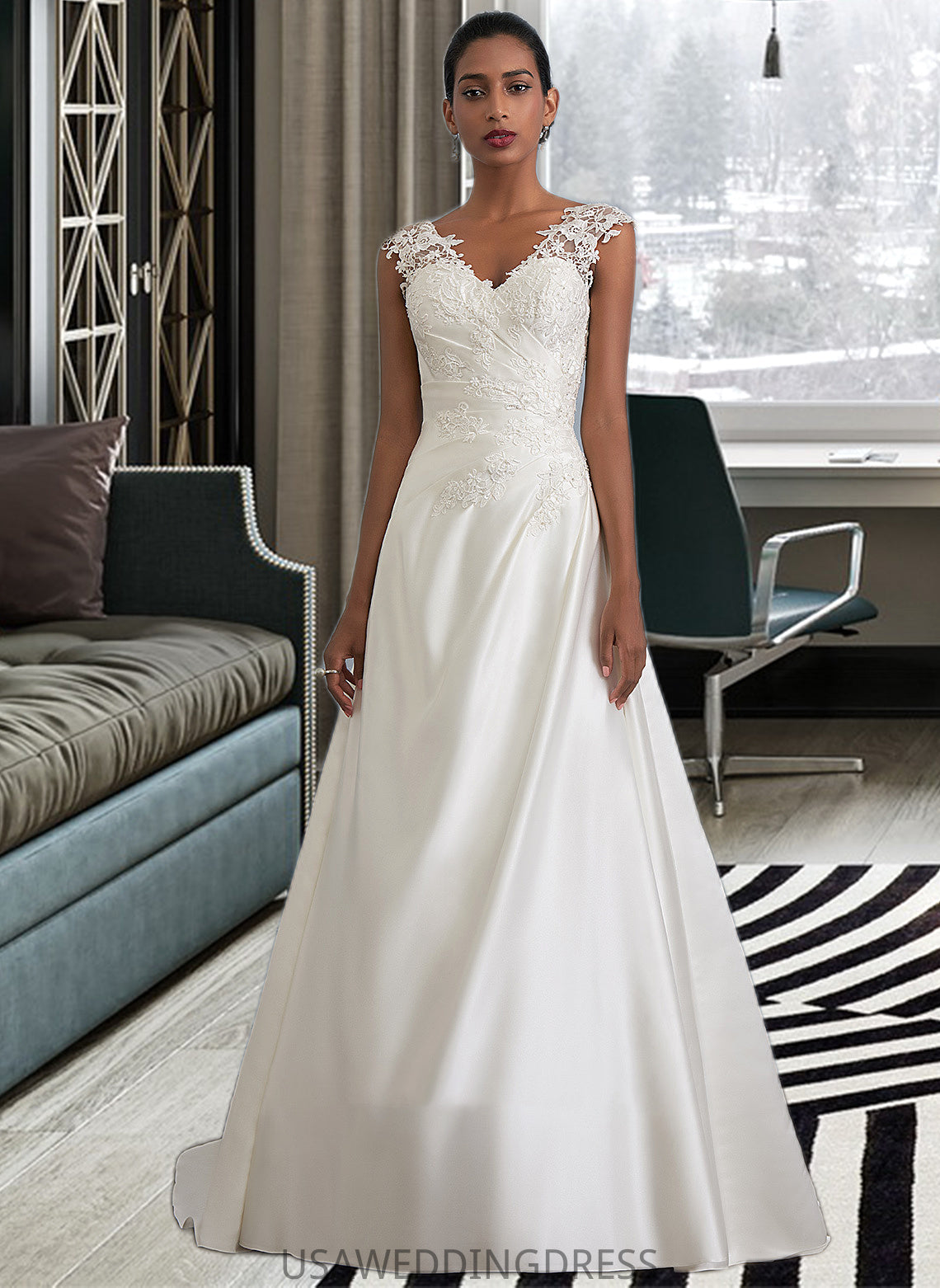 Parker Ball-Gown/Princess V-neck Sweep Train Satin Wedding Dress With Ruffle Beading Sequins DSP0013693