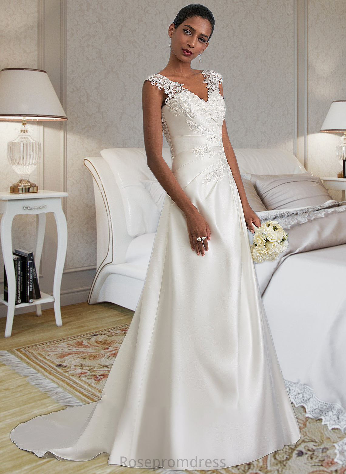 Catalina Ball-Gown/Princess V-neck Sweep Train Satin Wedding Dress With Ruffle Beading Sequins SRSP0013693