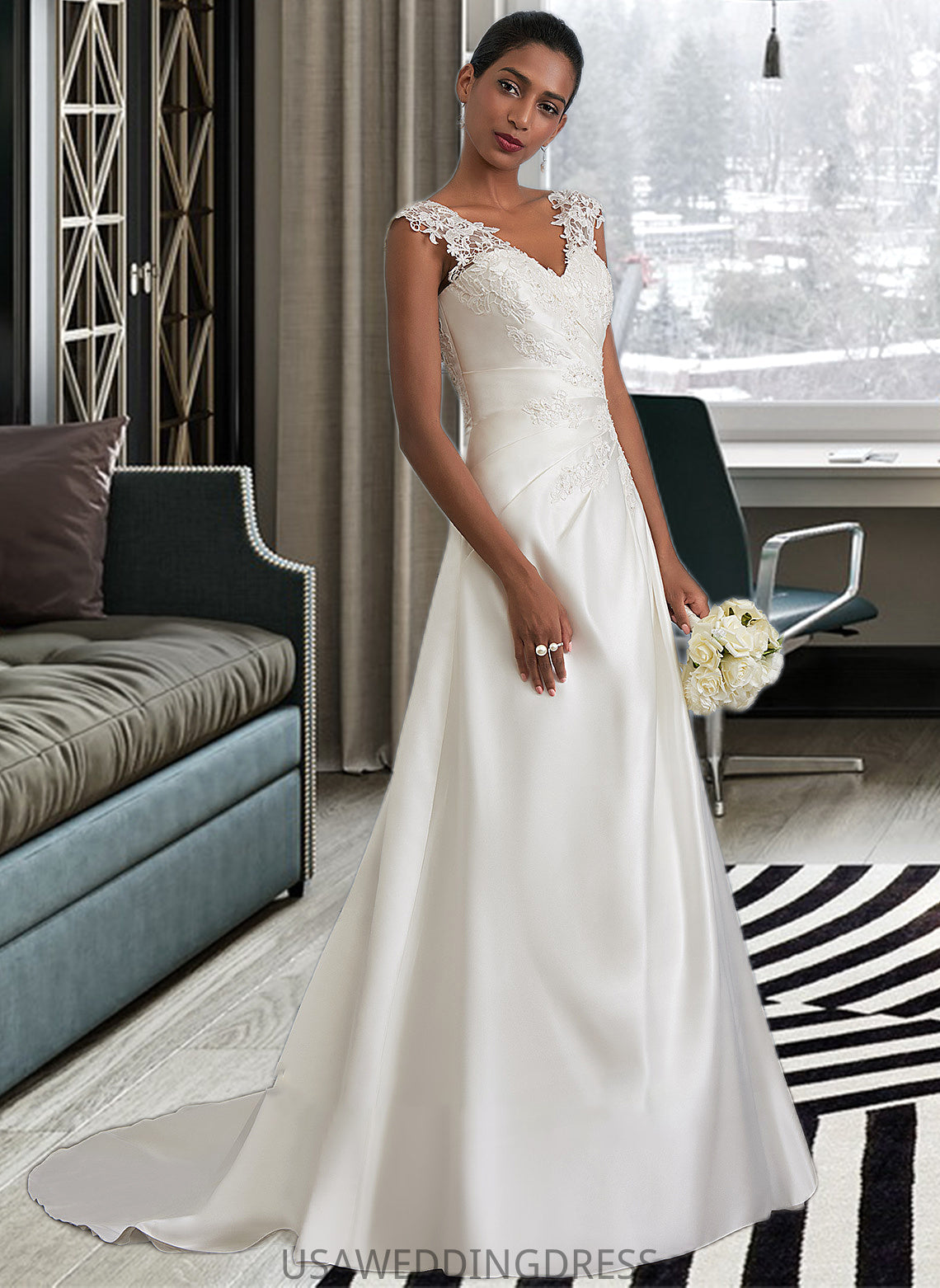 Parker Ball-Gown/Princess V-neck Sweep Train Satin Wedding Dress With Ruffle Beading Sequins DSP0013693