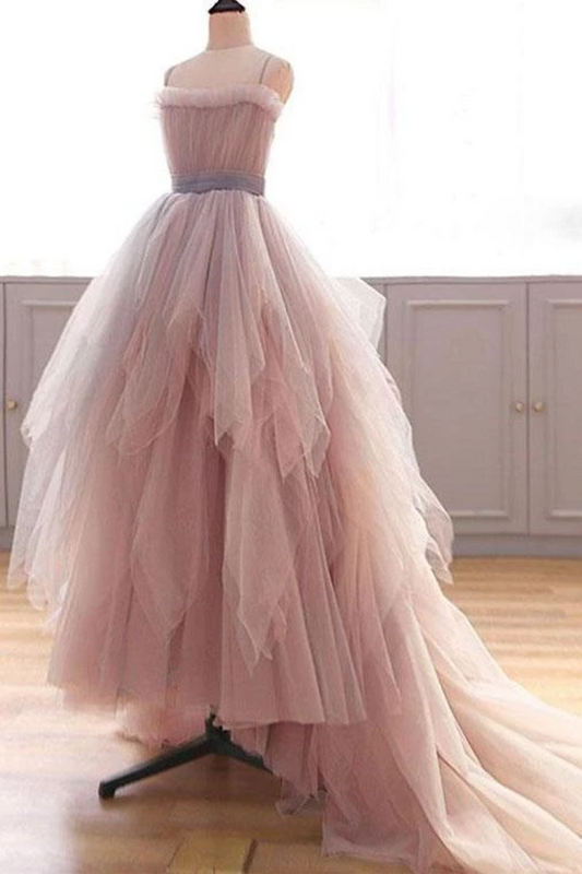 Vintage A Line Spaghetti Straps Blush Prom Dresses, Puffy Ruffles Party Dresses