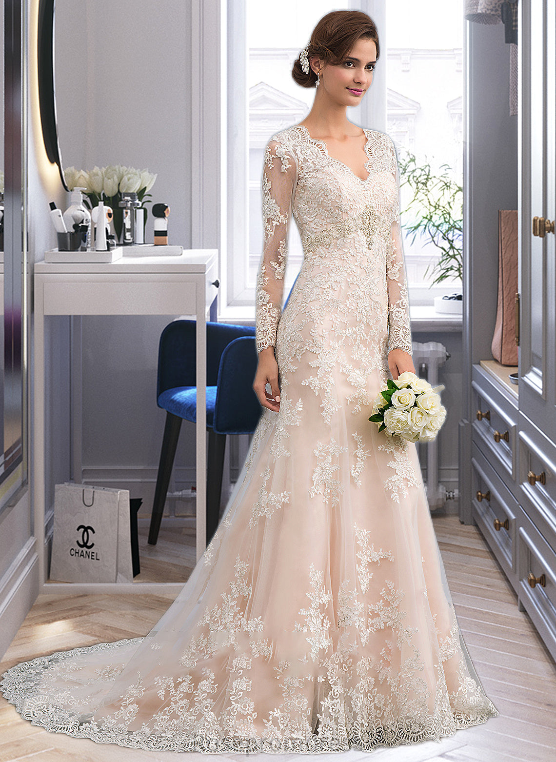 Harper Trumpet/Mermaid V-neck Court Train Tulle Lace Wedding Dress SRSP0013694