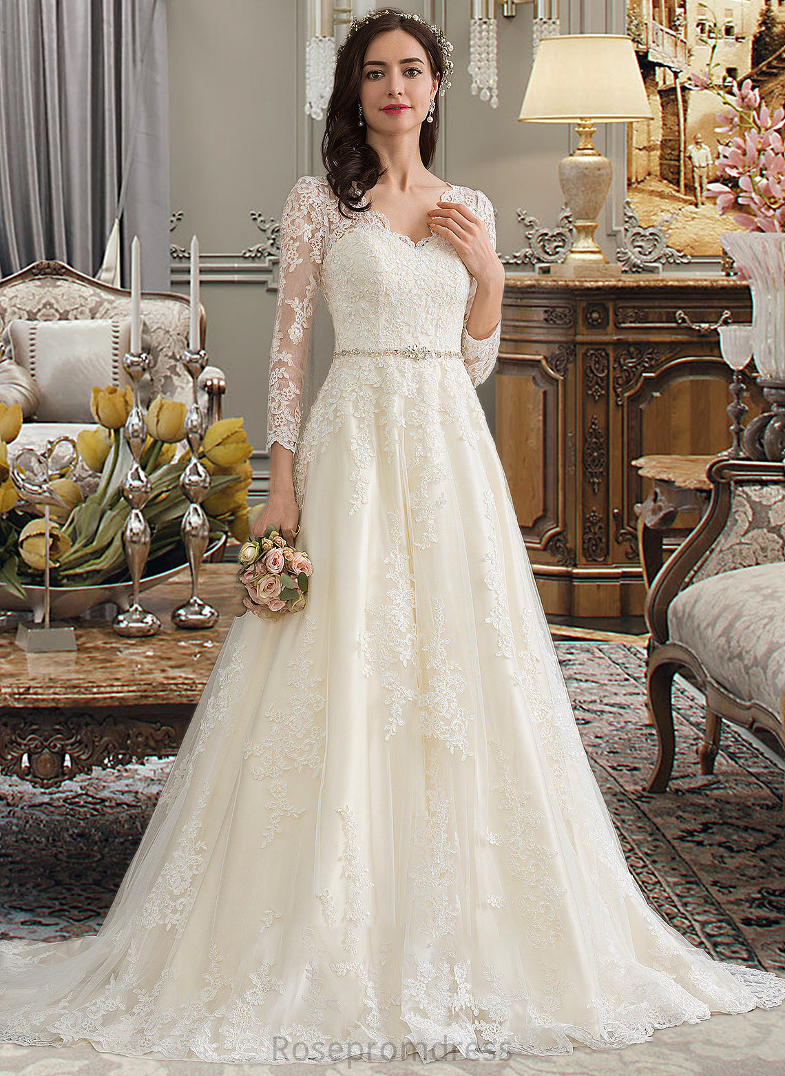 Kristina Ball-Gown/Princess V-neck Chapel Train Tulle Wedding Dress With Beading Sequins SRSP0013695